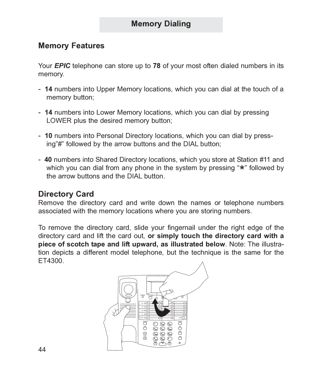 TMC ET4300 manual Memory Dialing Memory Features, Directory Card 