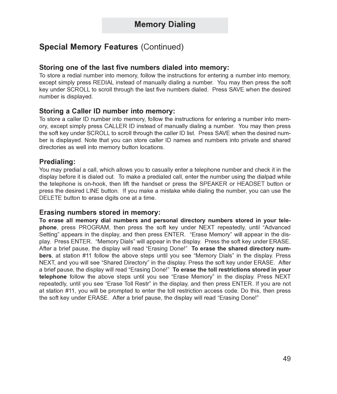 TMC ET4300 Storing one of the last five numbers dialed into memory, Storing a Caller ID number into memory, Predialing 