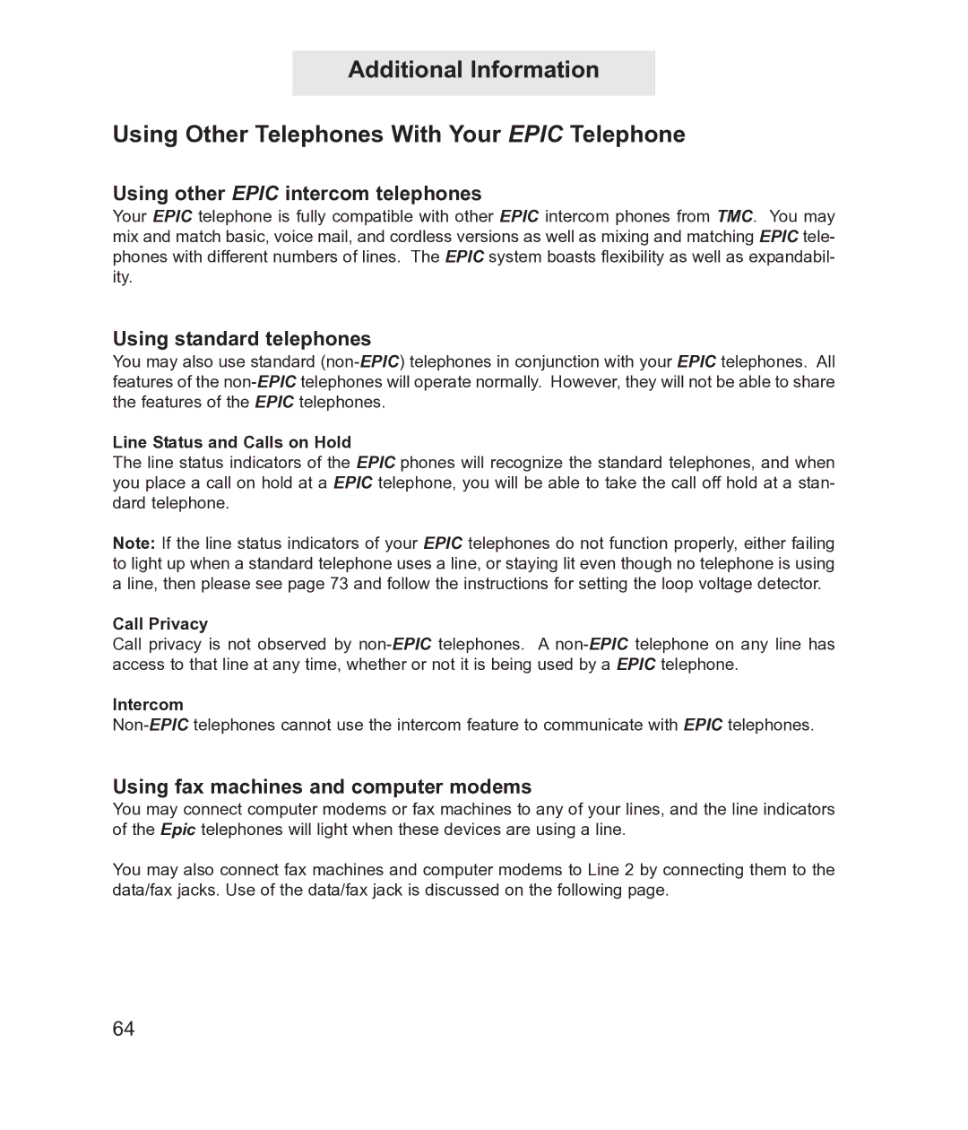 TMC ET4300 manual Using other Epic intercom telephones, Using standard telephones, Using fax machines and computer modems 