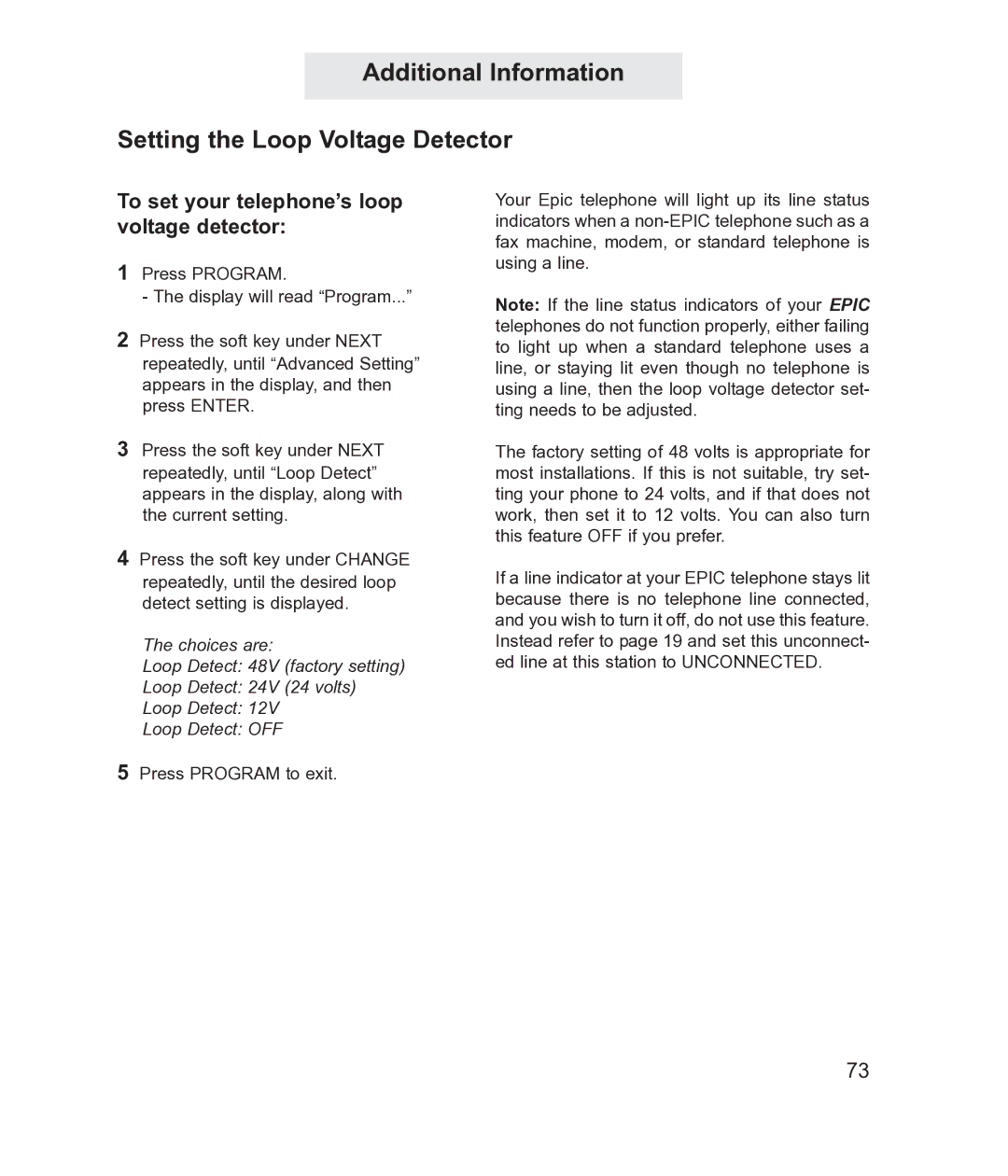 TMC ET4300 manual Additional Information Setting the Loop Voltage Detector, To set your telephone’s loop voltage detector 