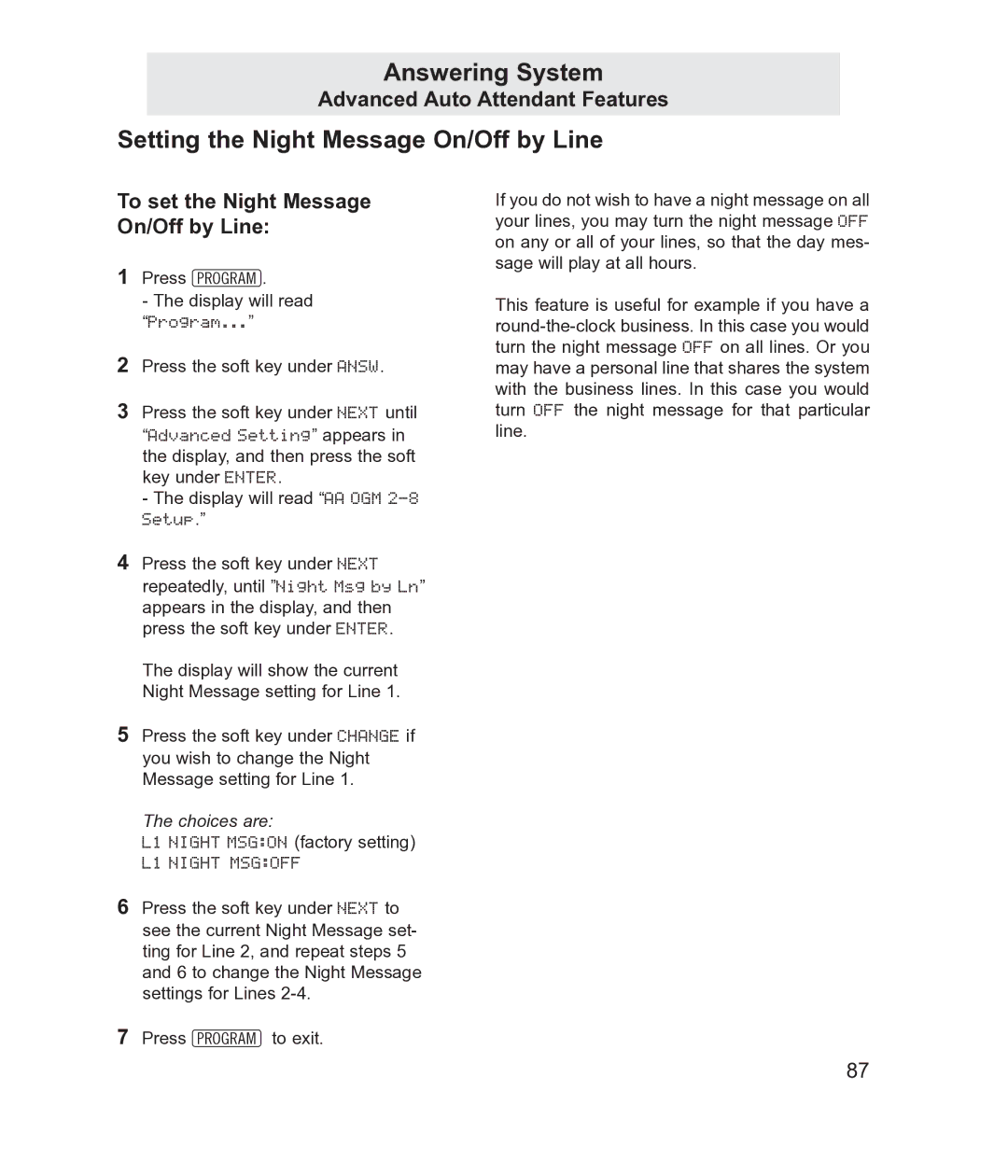 TMC EV4500 manual Setting the Night Message On/Off by Line, To set the Night Message On/Off by Line 