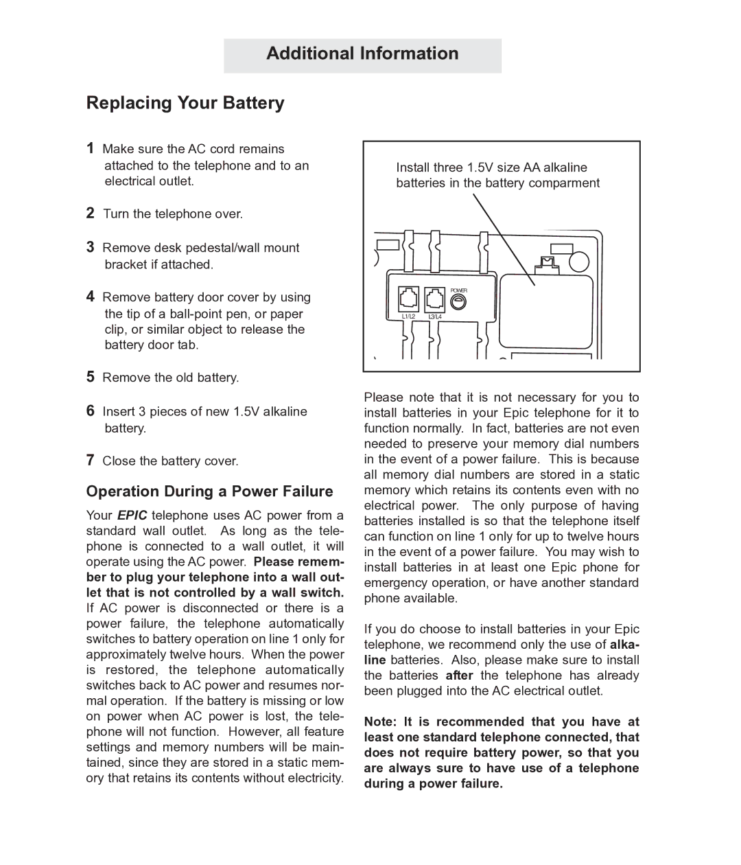 TMC EV4500 manual Additional Information Replacing Your Battery, Operation During a Power Failure 