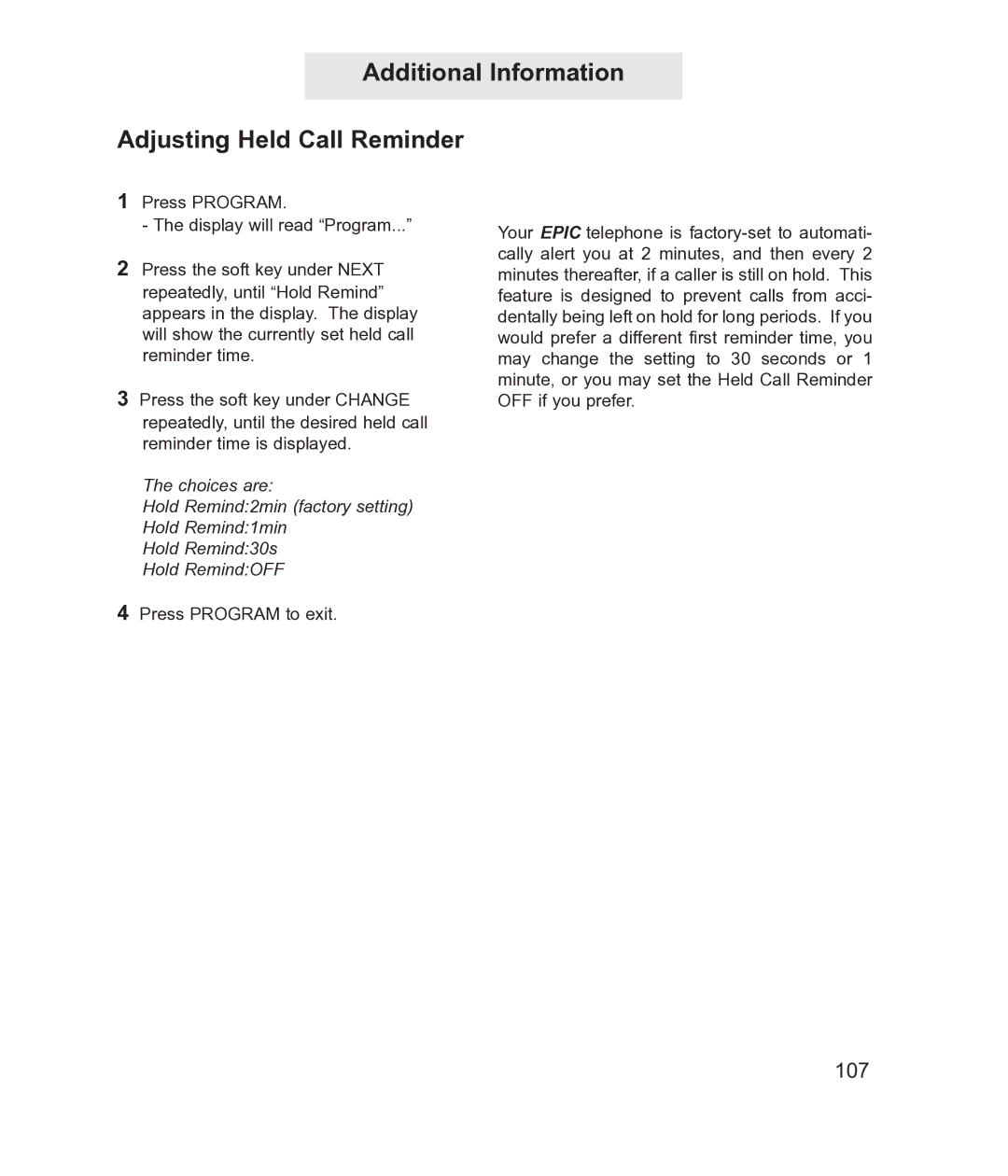 TMC EV4500 manual Additional Information Adjusting Held Call Reminder 