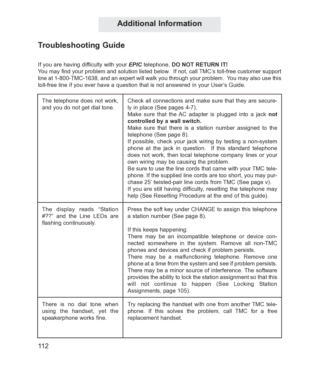 TMC EV4500 manual Additional Information Troubleshooting Guide, Controlled by a wall switch 