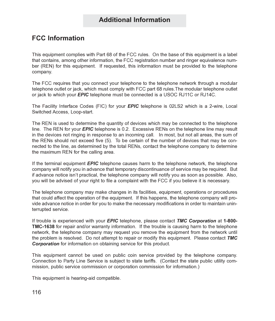 TMC EV4500 manual Additional Information FCC Information 