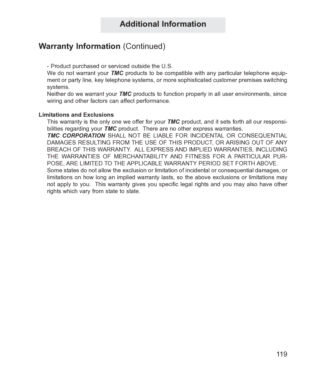 TMC EV4500 manual Limitations and Exclusions 