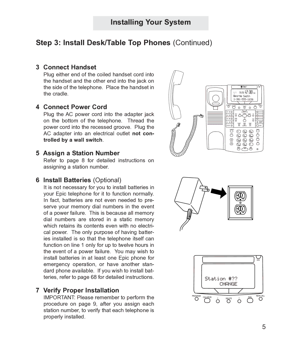 TMC EV4500 manual Connect Handset, Connect Power Cord, Assign a Station Number, Install Batteries Optional 