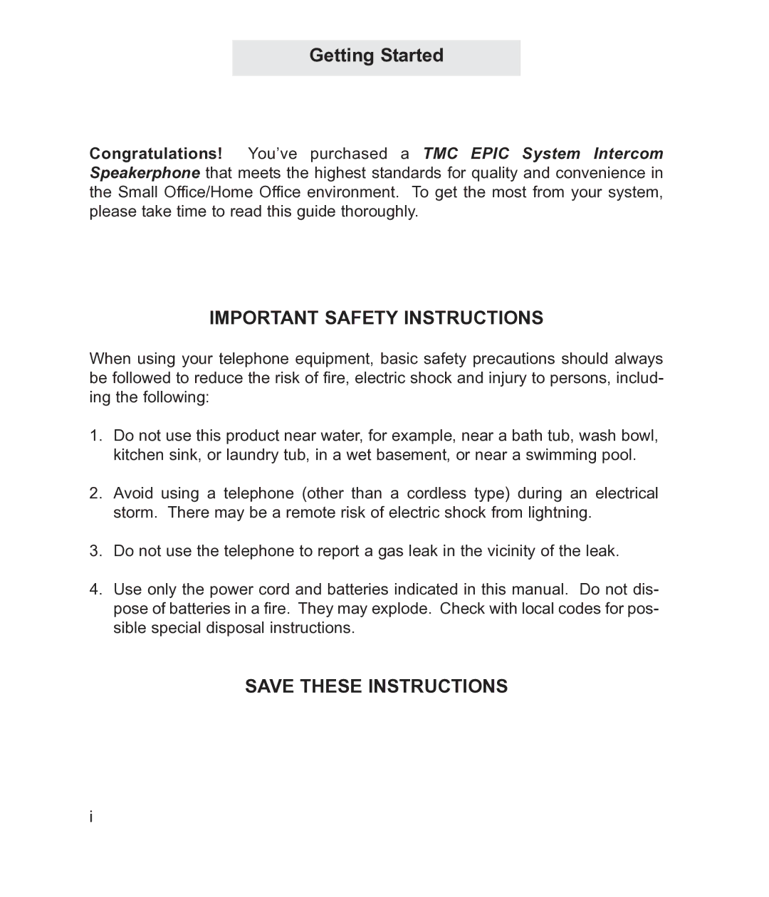 TMC EV4500 manual Getting Started, Important Safety Instructions 