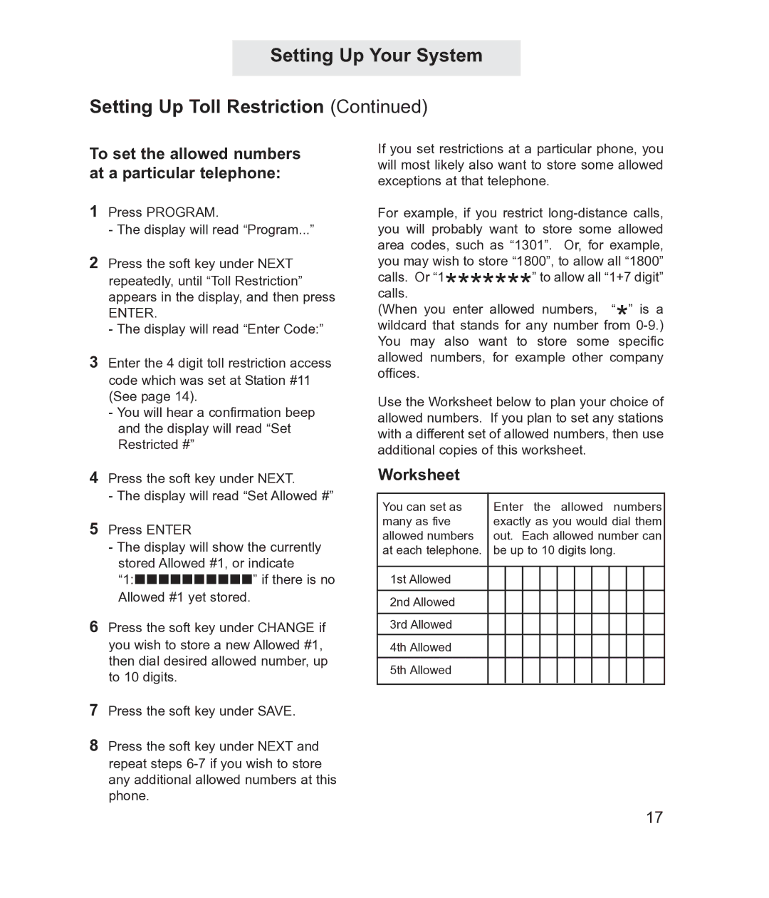 TMC EV4500 manual To set the allowed numbers at a particular telephone, Enter 