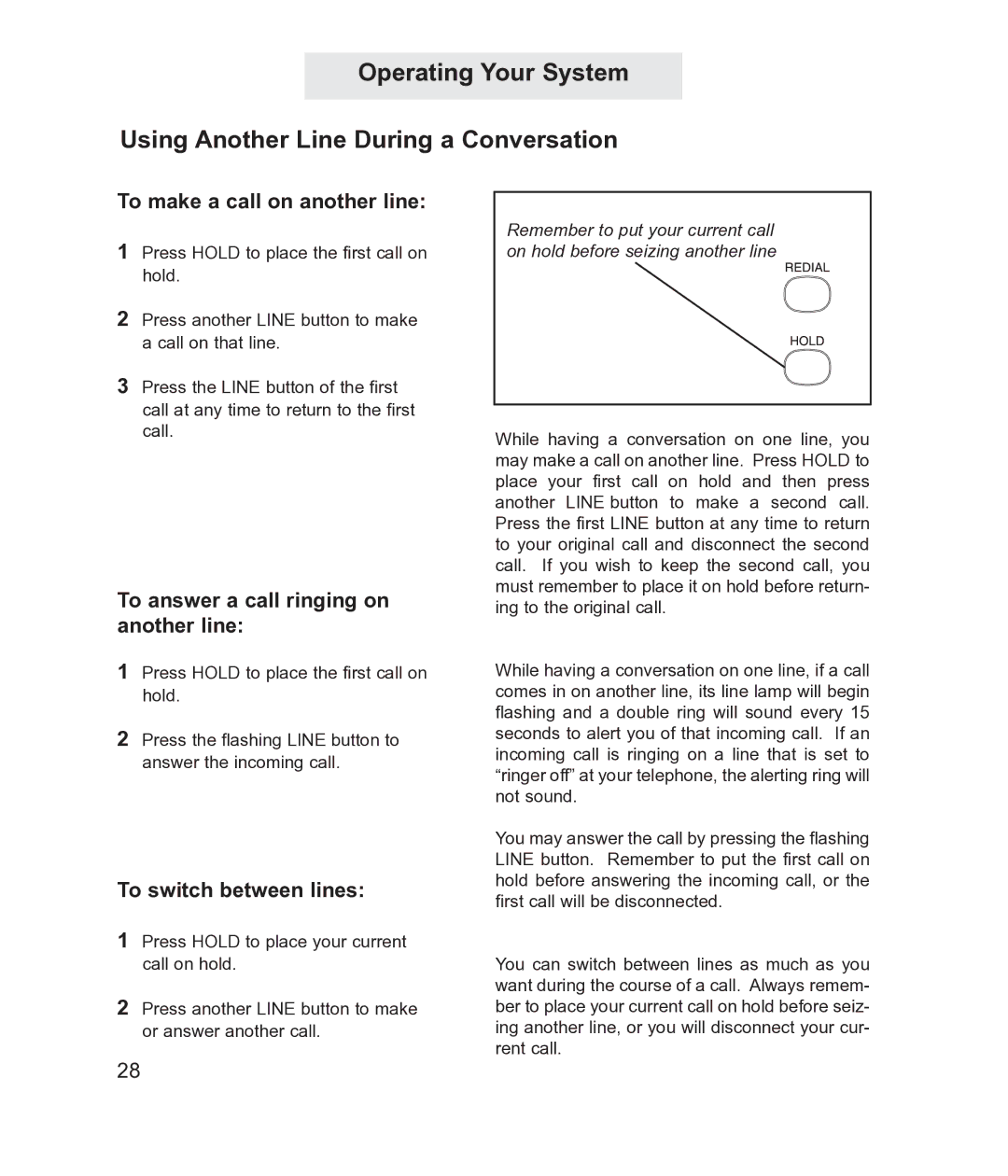 TMC EV4500 manual To make a call on another line, To answer a call ringing on another line, To switch between lines 