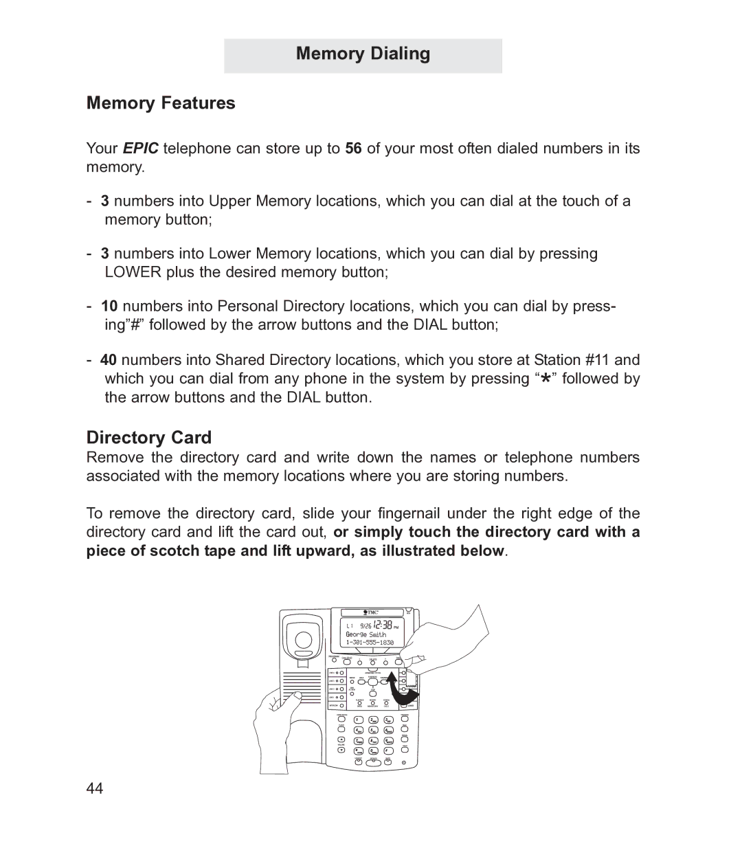 TMC EV4500 manual Memory Dialing Memory Features, Directory Card 