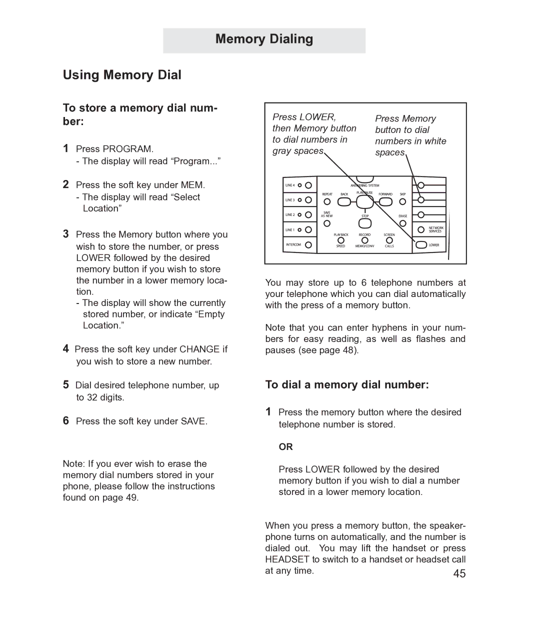 TMC EV4500 manual Memory Dialing Using Memory Dial, To store a memory dial num- ber, To dial a memory dial number 