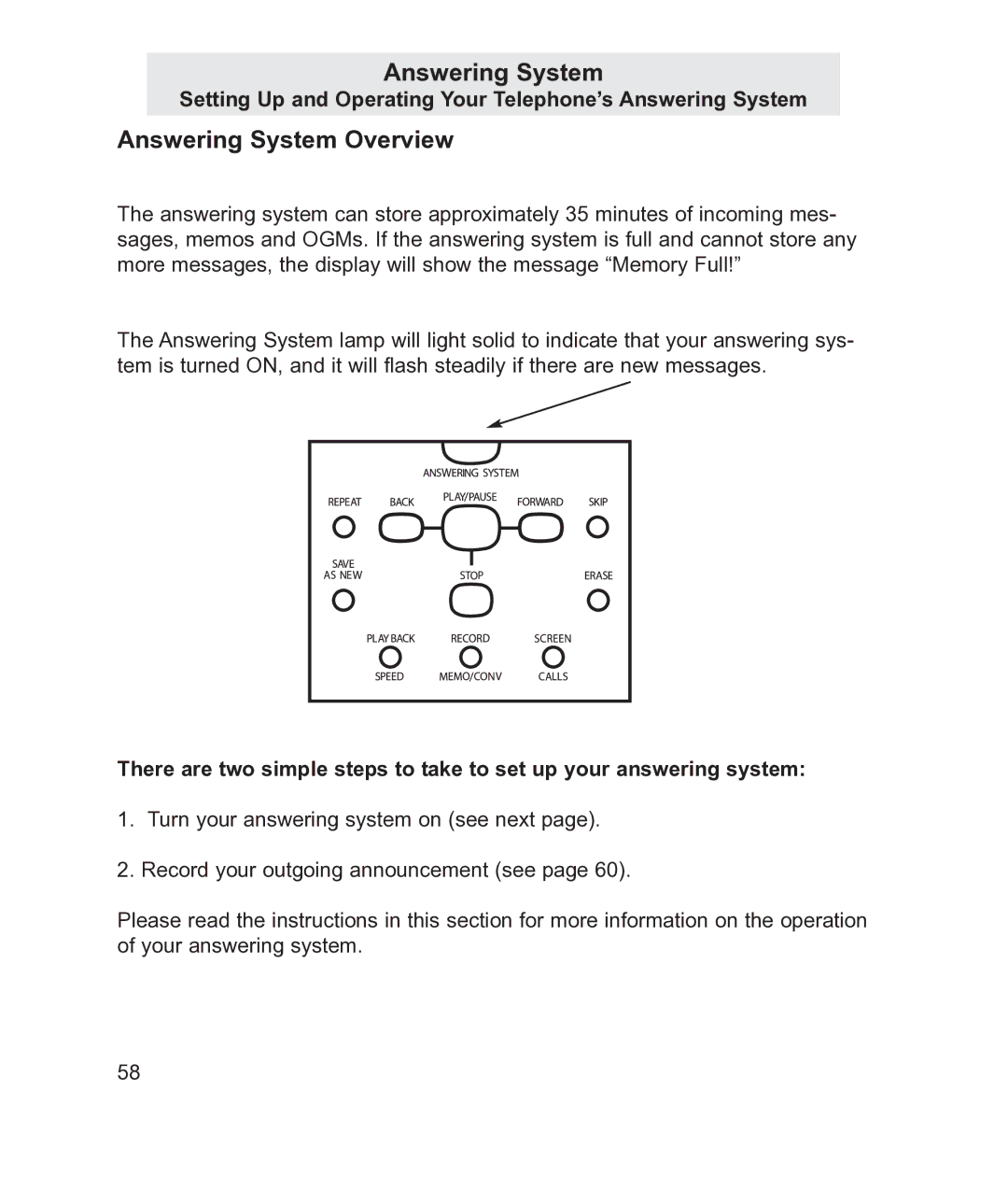 TMC EV4500 manual Answering System Overview, Setting Up and Operating Your Telephone’s Answering System 