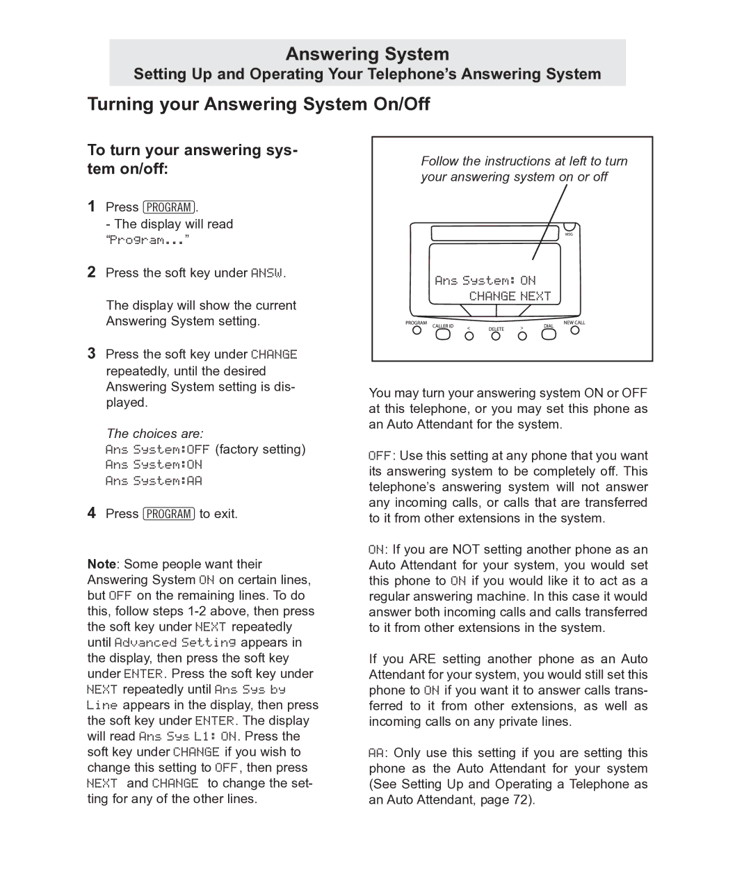 TMC EV4500 manual Turning your Answering System On/Off, To turn your answering sys- tem on/off 