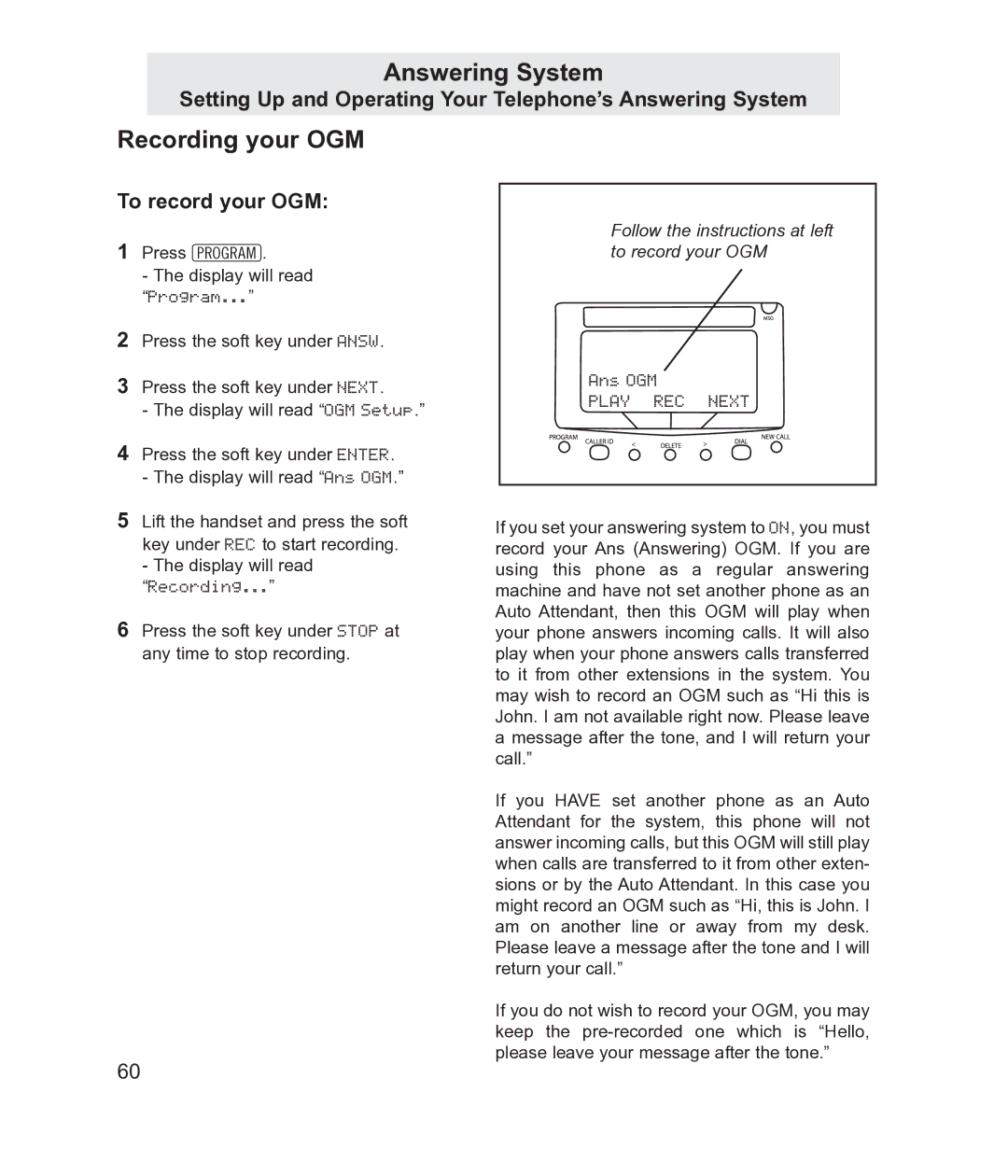 TMC EV4500 manual Recording your OGM, To record your OGM, Follow the instructions at left to record your OGM 