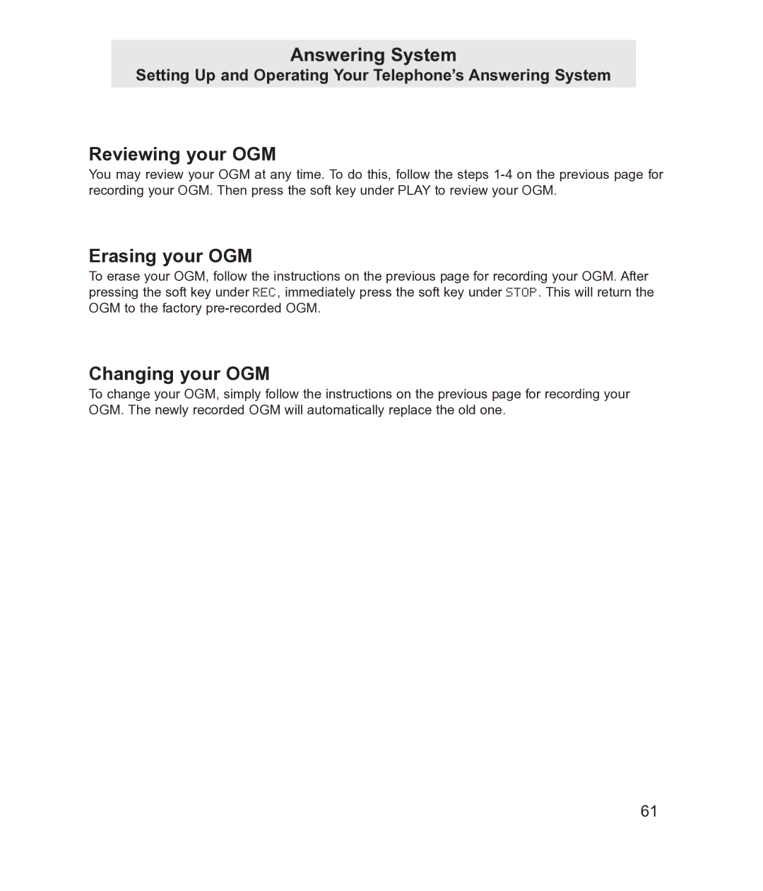 TMC EV4500 manual Reviewing your OGM, Erasing your OGM, Changing your OGM 