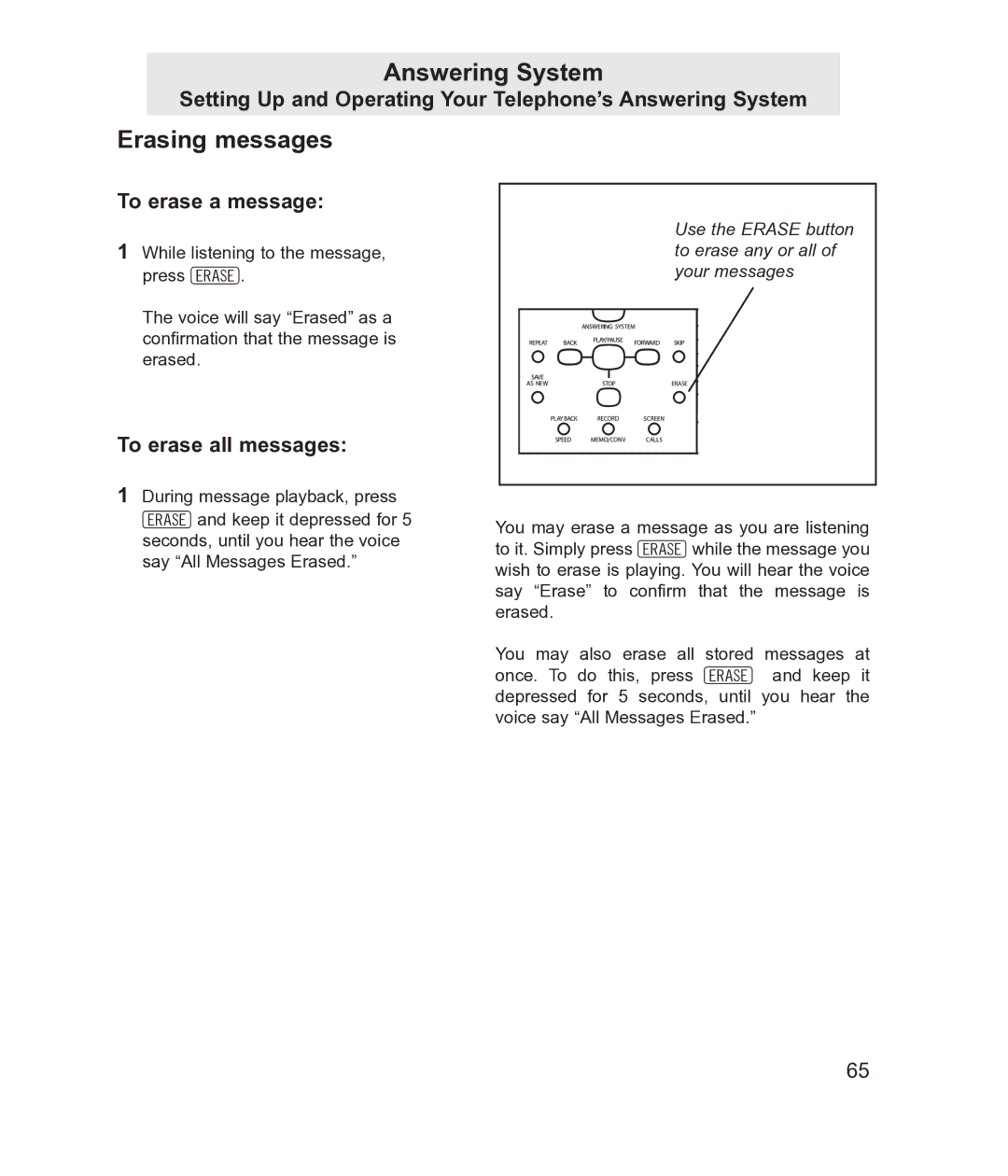 TMC EV4500 manual Erasing messages, To erase a message, To erase all messages 