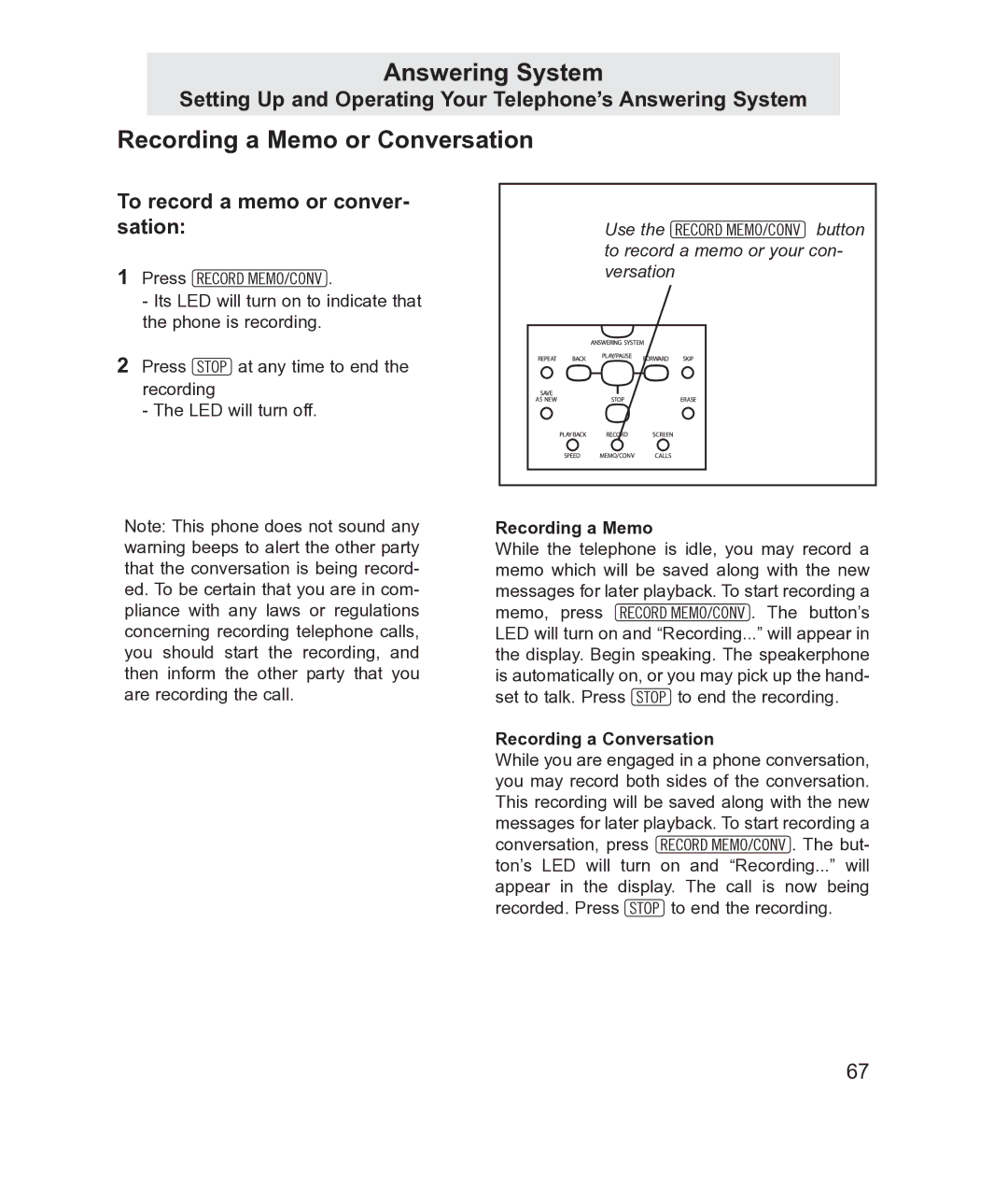 TMC EV4500 manual Recording a Memo or Conversation, To record a memo or conver- sation, Recording a Conversation 