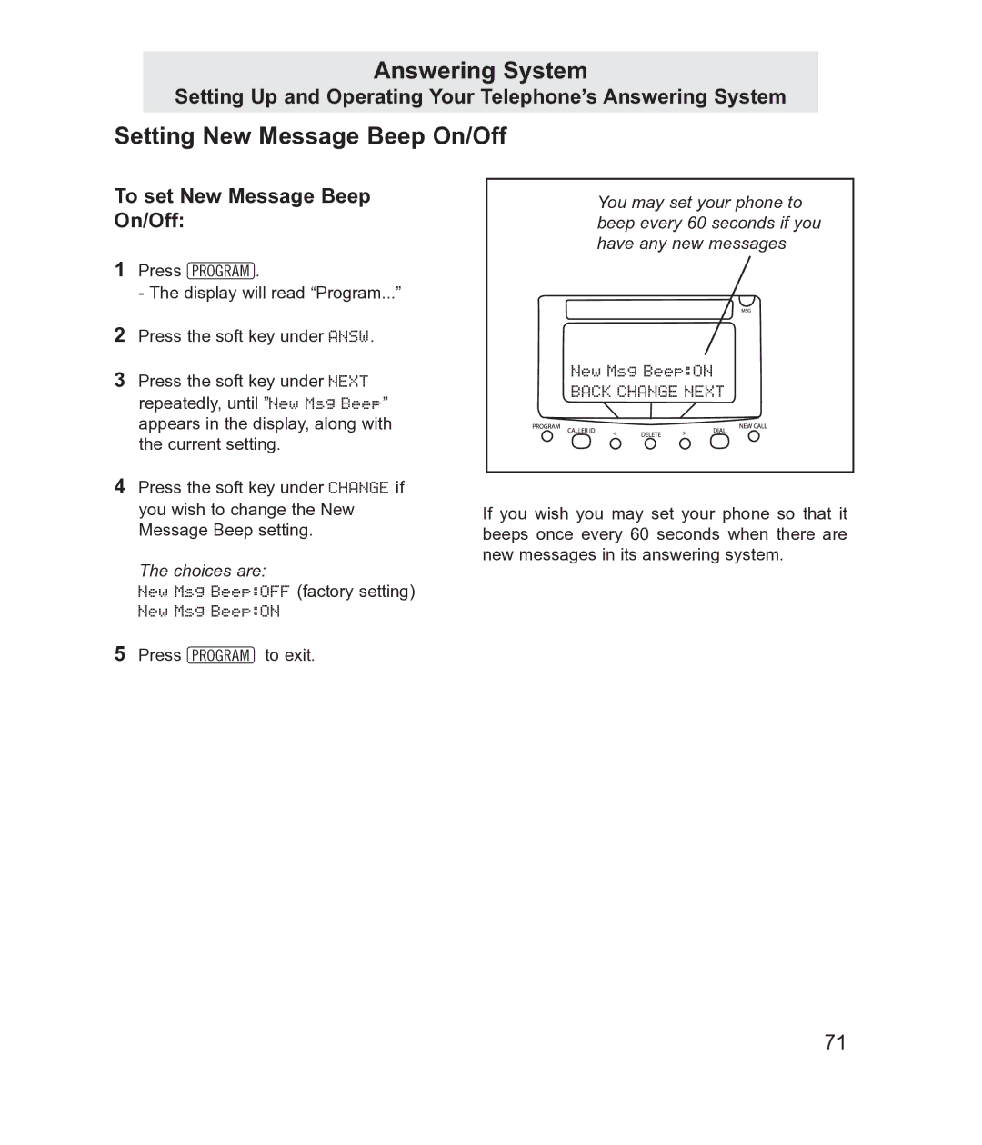 TMC EV4500 manual Setting New Message Beep On/Off, To set New Message Beep On/Off 