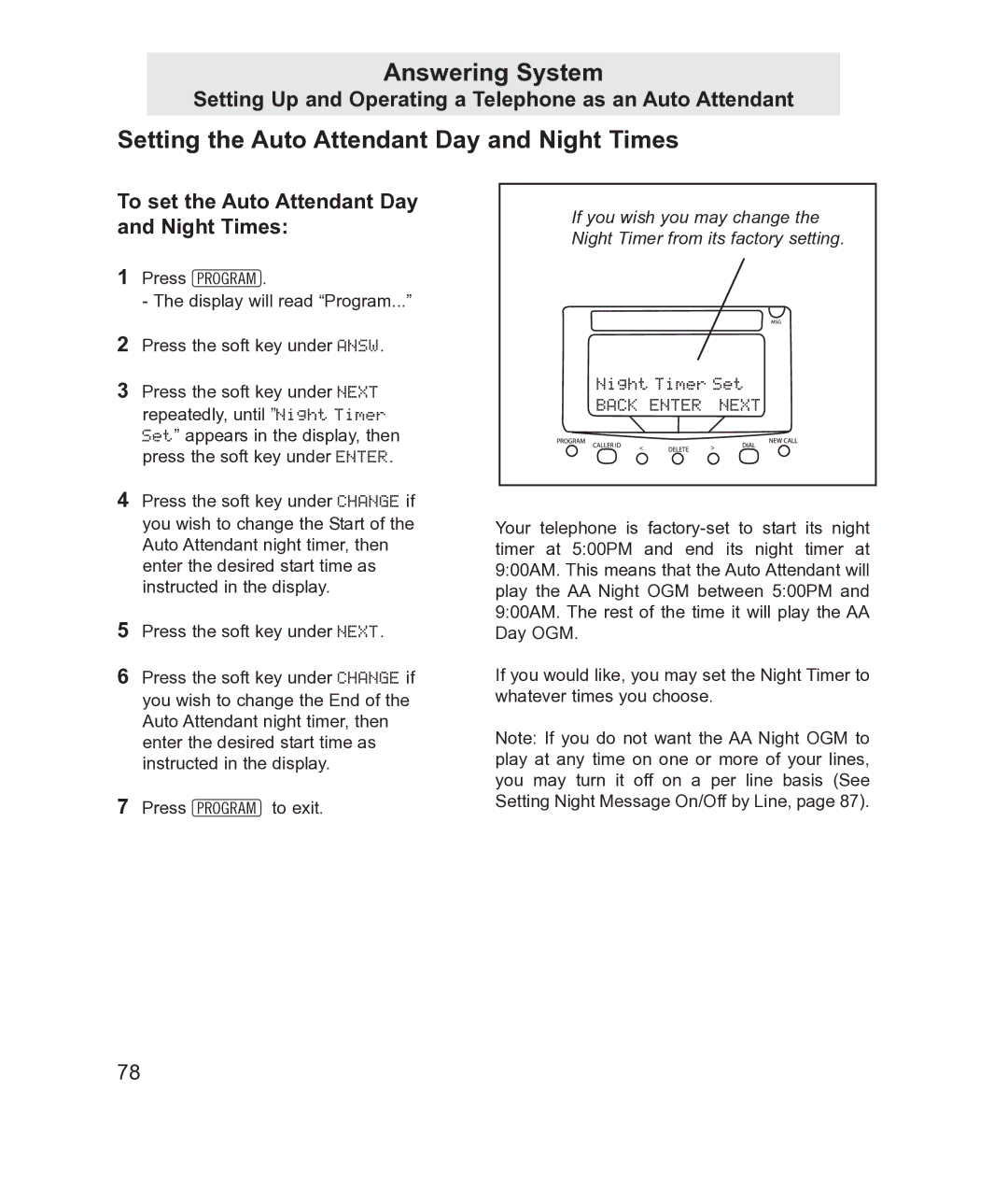 TMC EV4500 manual Setting the Auto Attendant Day and Night Times, To set the Auto Attendant Day and Night Times 