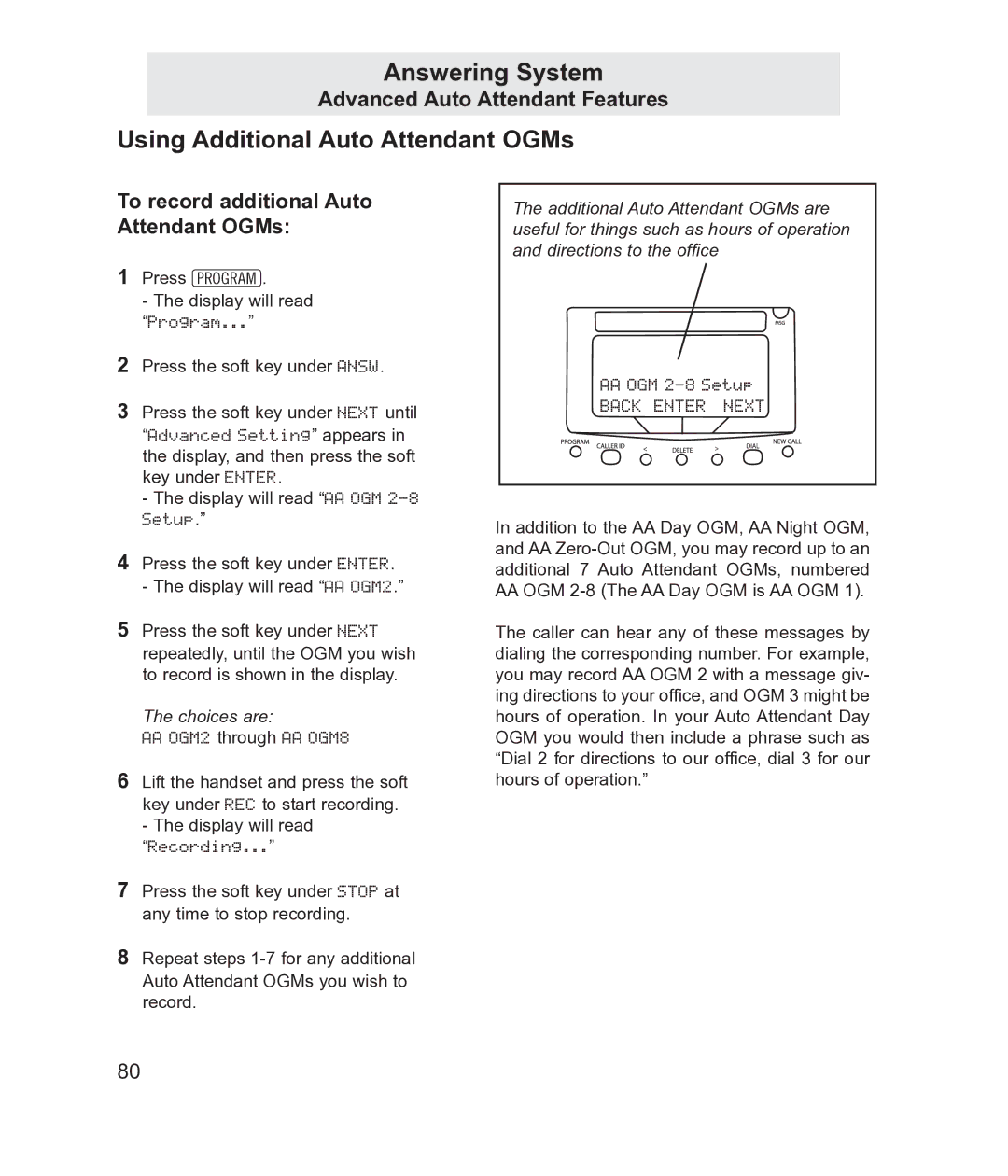 TMC EV4500 manual Using Additional Auto Attendant OGMs, Advanced Auto Attendant Features 