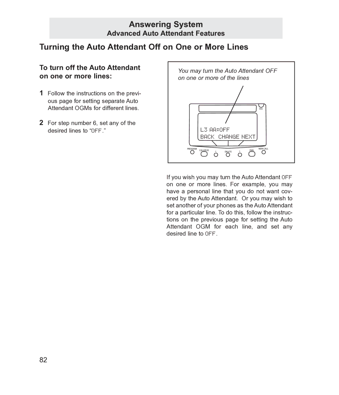 TMC EV4500 manual Turning the Auto Attendant Off on One or More Lines, To turn off the Auto Attendant on one or more lines 