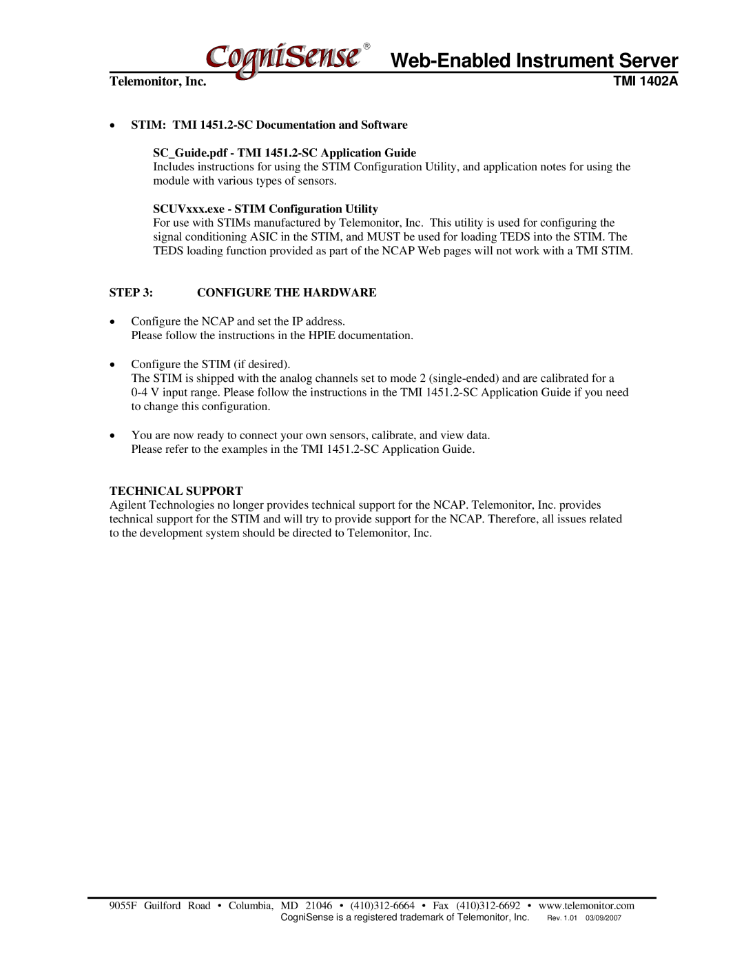 TMI Products TMI 1402A quick start Stim TMI 1451.2-SC Documentation and Software, SCUVxxx.exe Stim Configuration Utility 