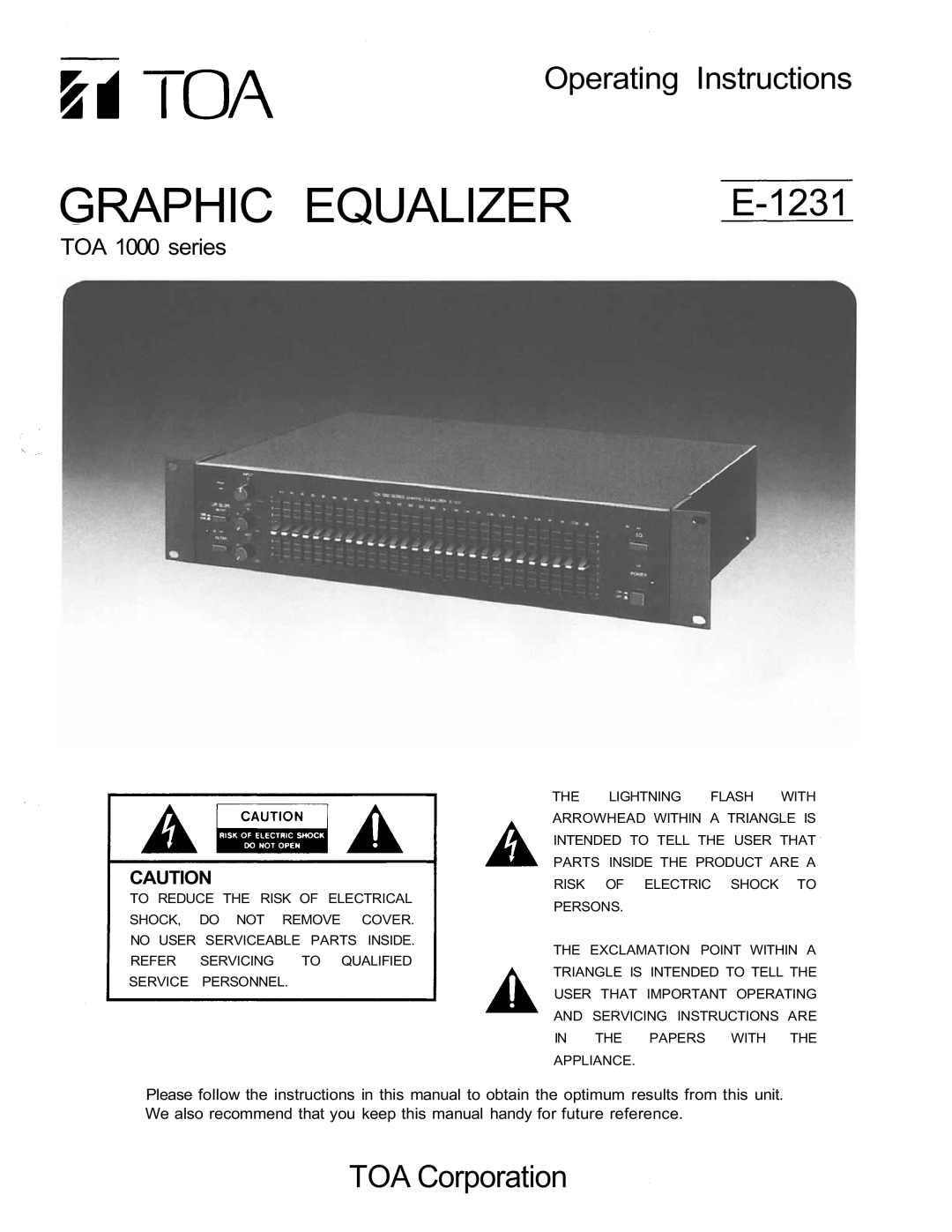 TOA Electronics 1000 Series user service Graphic Equalizer, E-1231, Operating Instructions, TOA Corporation 
