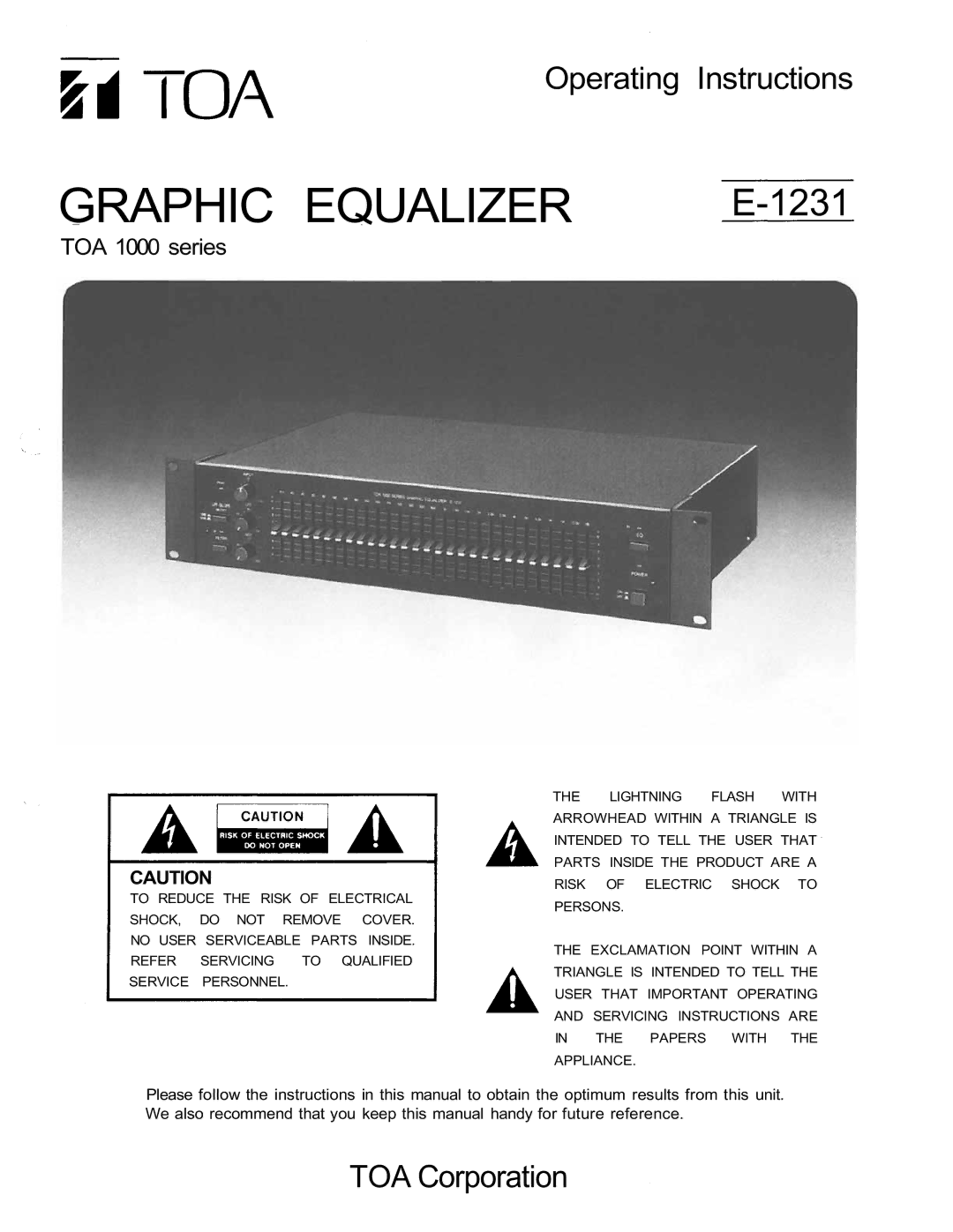 TOA Electronics 1000 Series user service Graphic Equalizer 