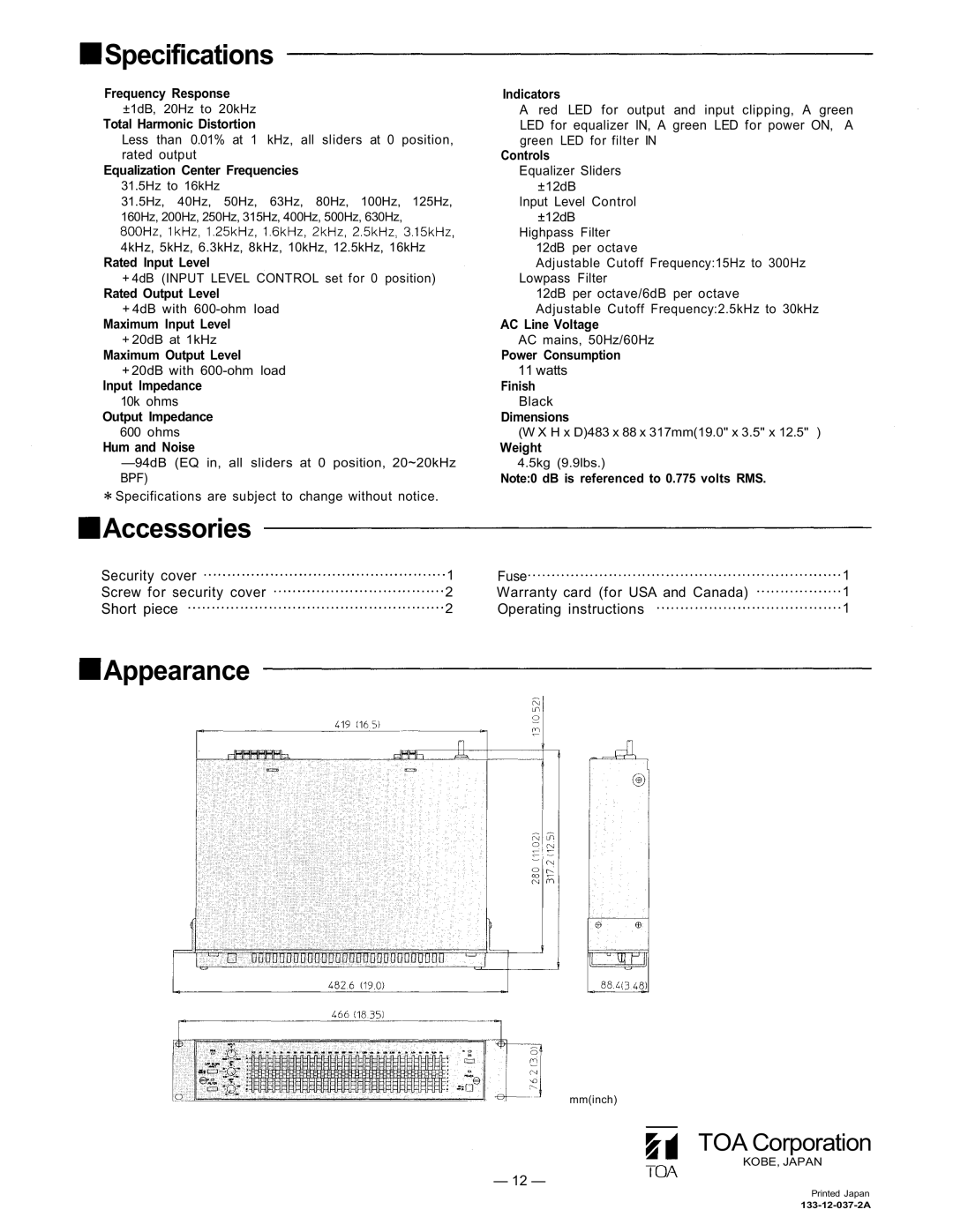 TOA Electronics 1000 Series user service Specifications, Accessories, Appearance, Hum and Noise 