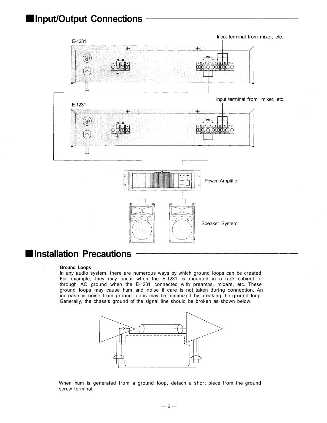 TOA Electronics 1000 Series user service Input/Output Connections, Installation Precautions, Ground Loops 