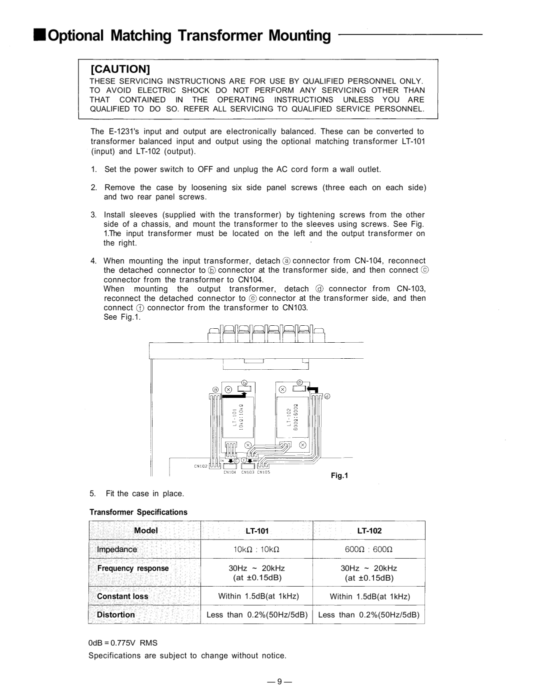 TOA Electronics 1000 Series Optional Matching Transformer Mounting, Transformer Specifications Model, Frequency response 