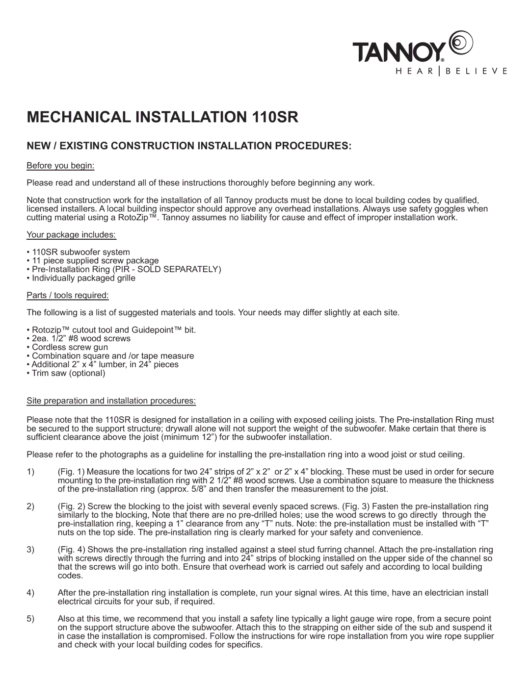 TOA Electronics owner manual Mechanical Installation 110SR, NEW / Existing Construction Installation Procedures 