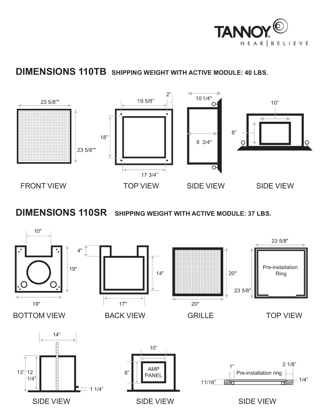 TOA Electronics 110SR owner manual Dimensions 110TB Shipping Weight with Active Module 40 LBS 