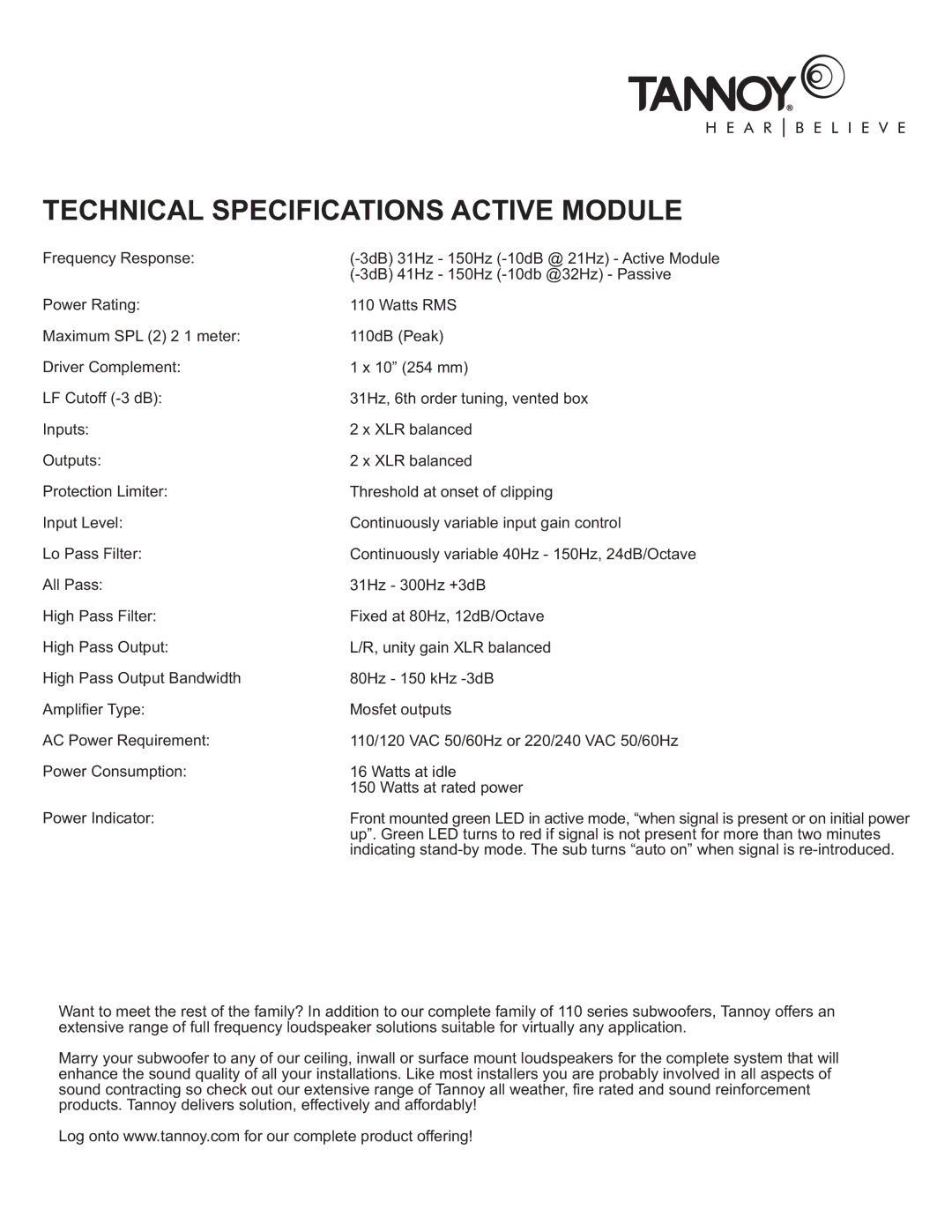 TOA Electronics 110SR owner manual Technical Specifications Active Module 