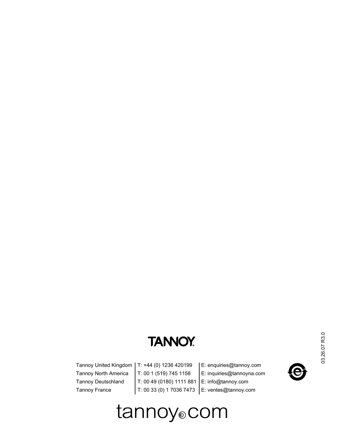 TOA Electronics 110SR owner manual Inquiries@tannoyna.com 