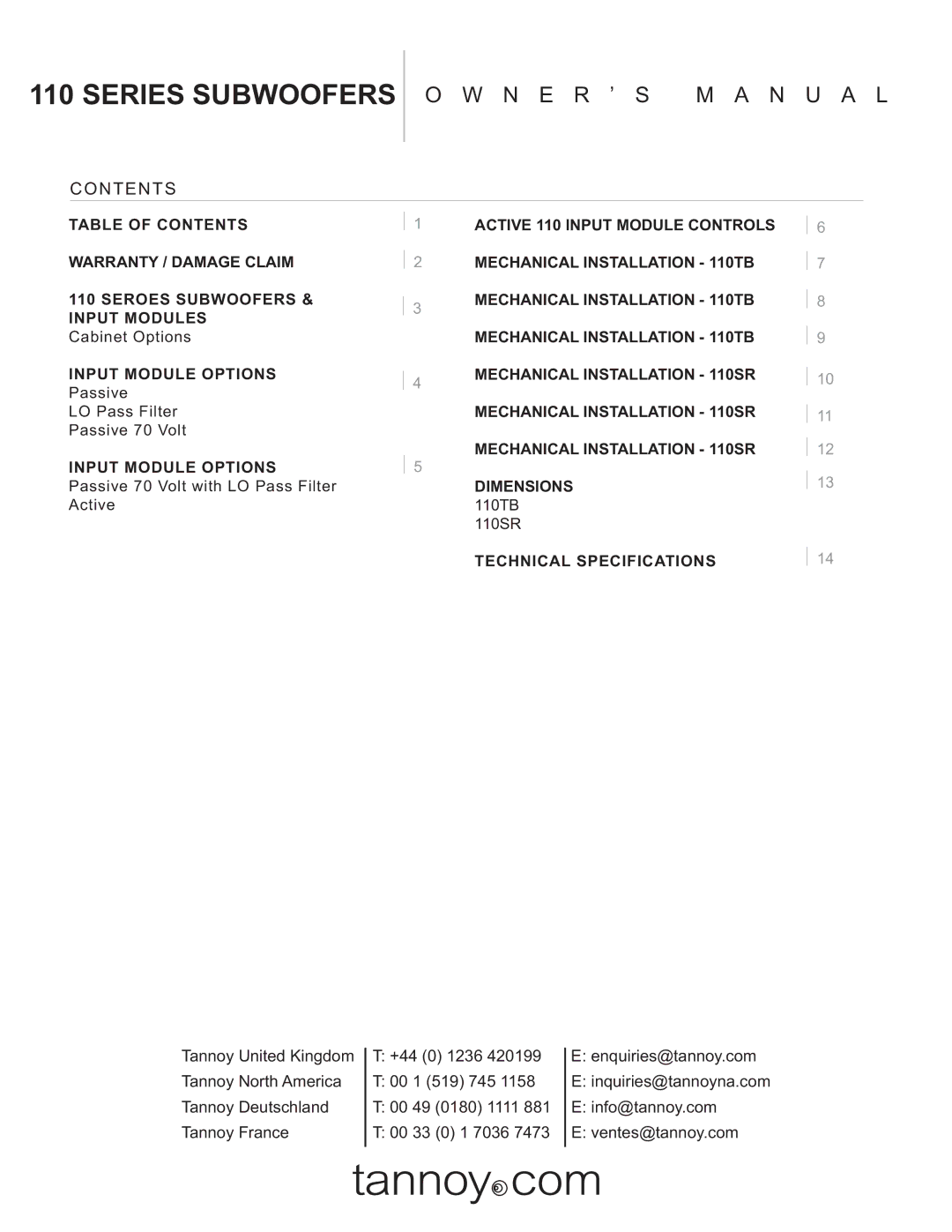 TOA Electronics 110SR owner manual Series Subwoofers, N E R ’ S M a N U a L 