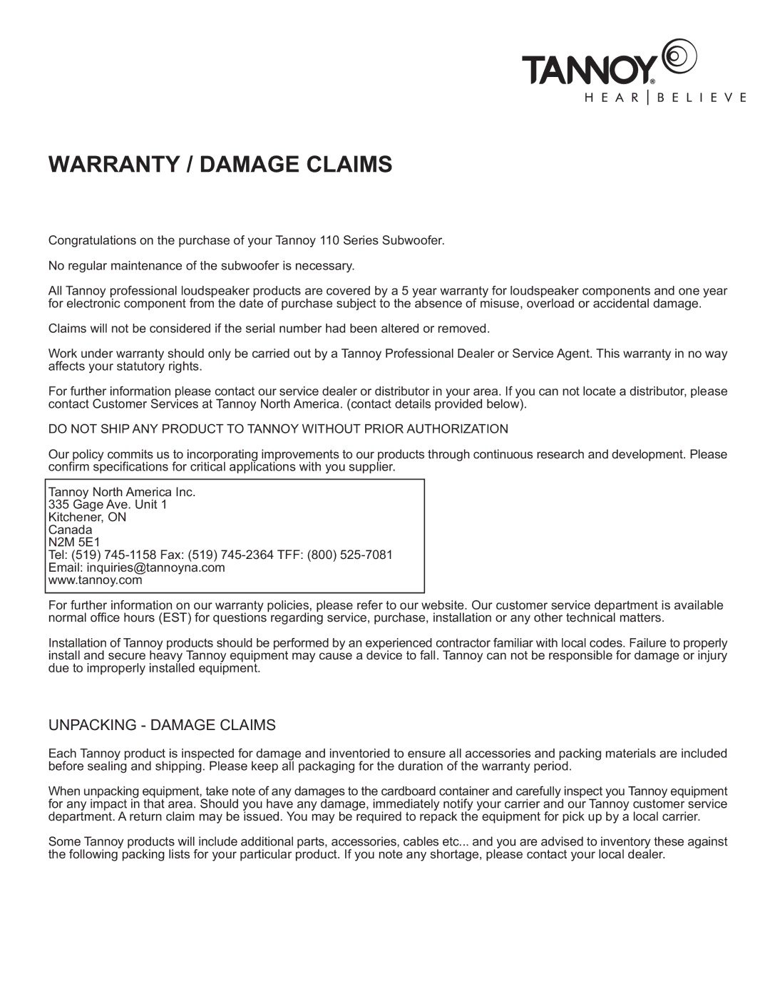 TOA Electronics 110SR owner manual Warranty / Damage Claims, Unpacking Damage Claims 