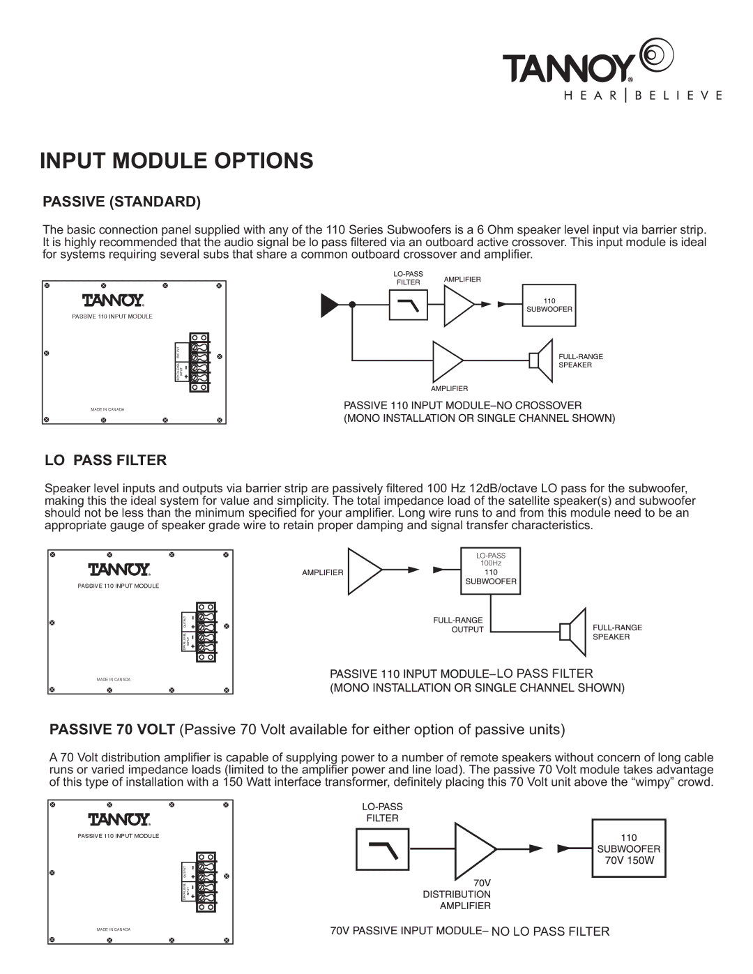 TOA Electronics 110SR owner manual Input Module Options, Passive Standard, LO Pass Filter 