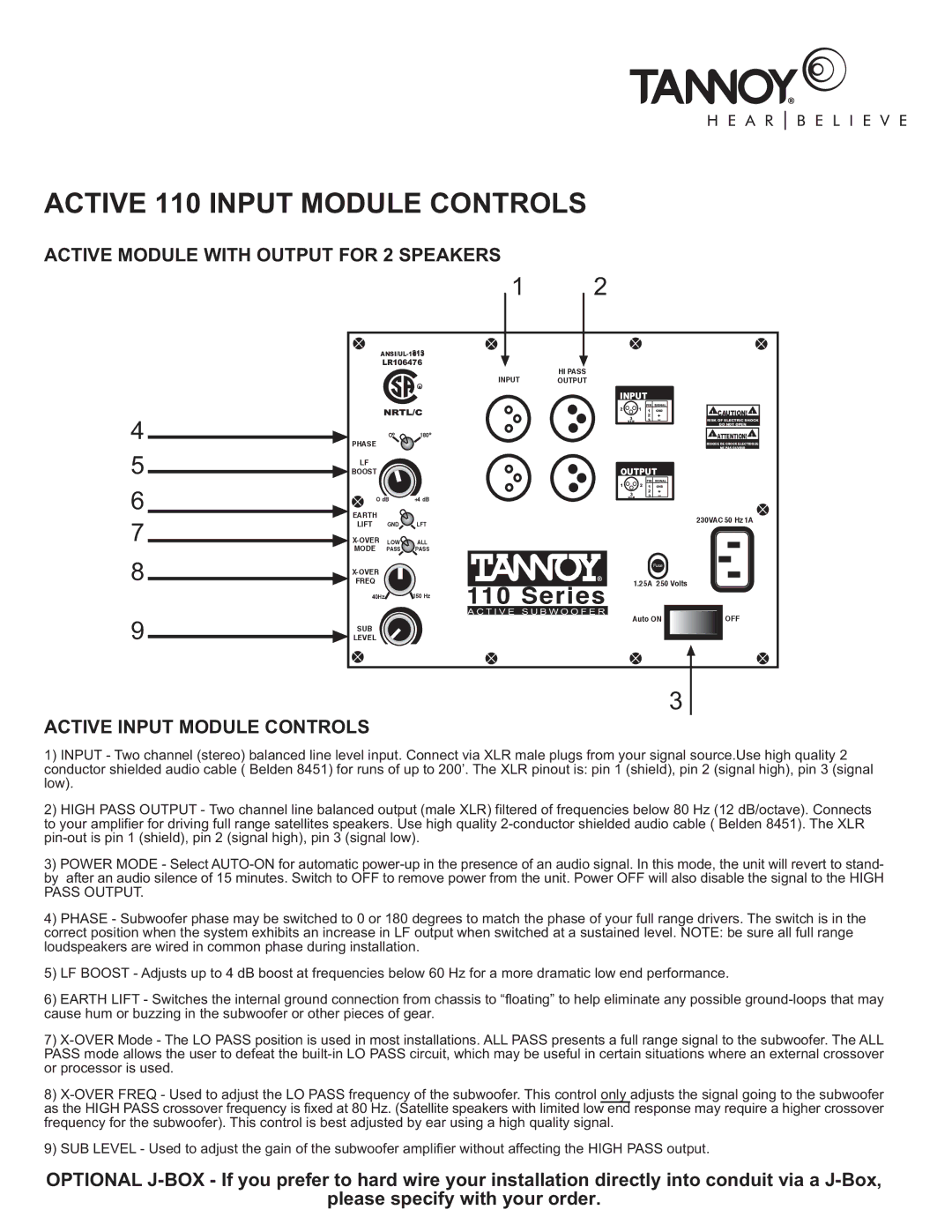 TOA Electronics 110SR owner manual Active 110 Input Module Controls, Active Module with Output for 2 Speakers 