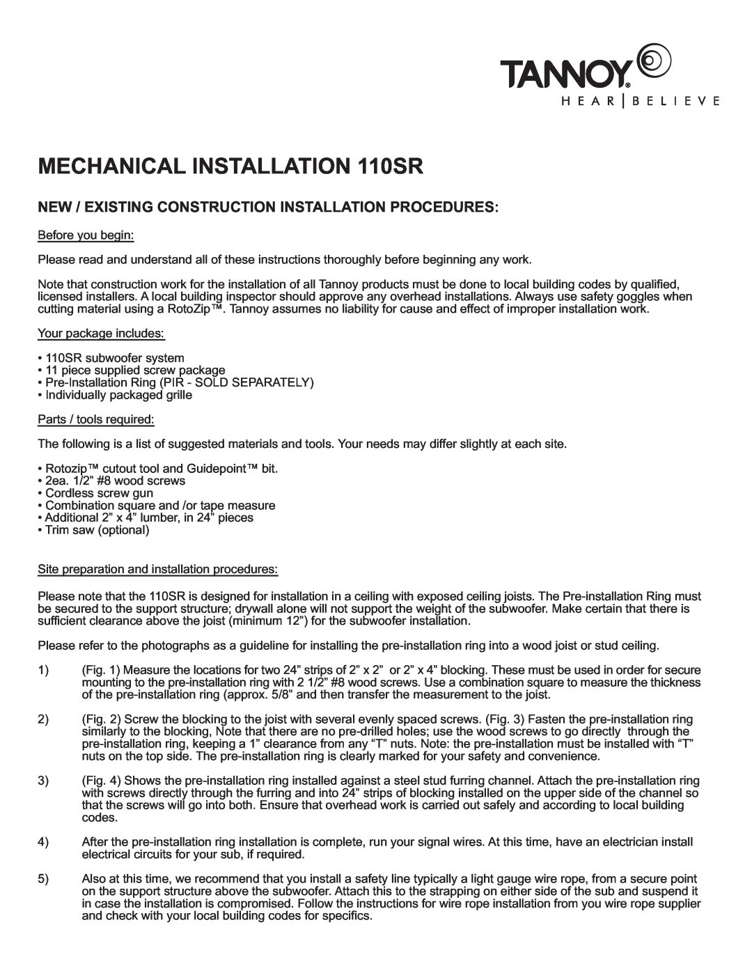 TOA Electronics owner manual MECHANICAL INSTALLATION 110SR 