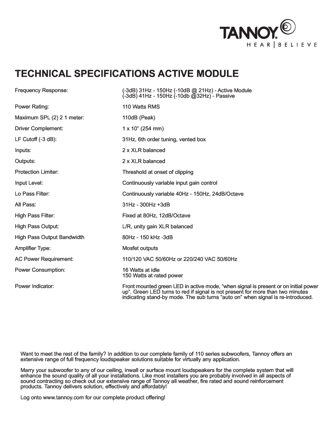 TOA Electronics 110SR owner manual Technical Specifications Active Module 