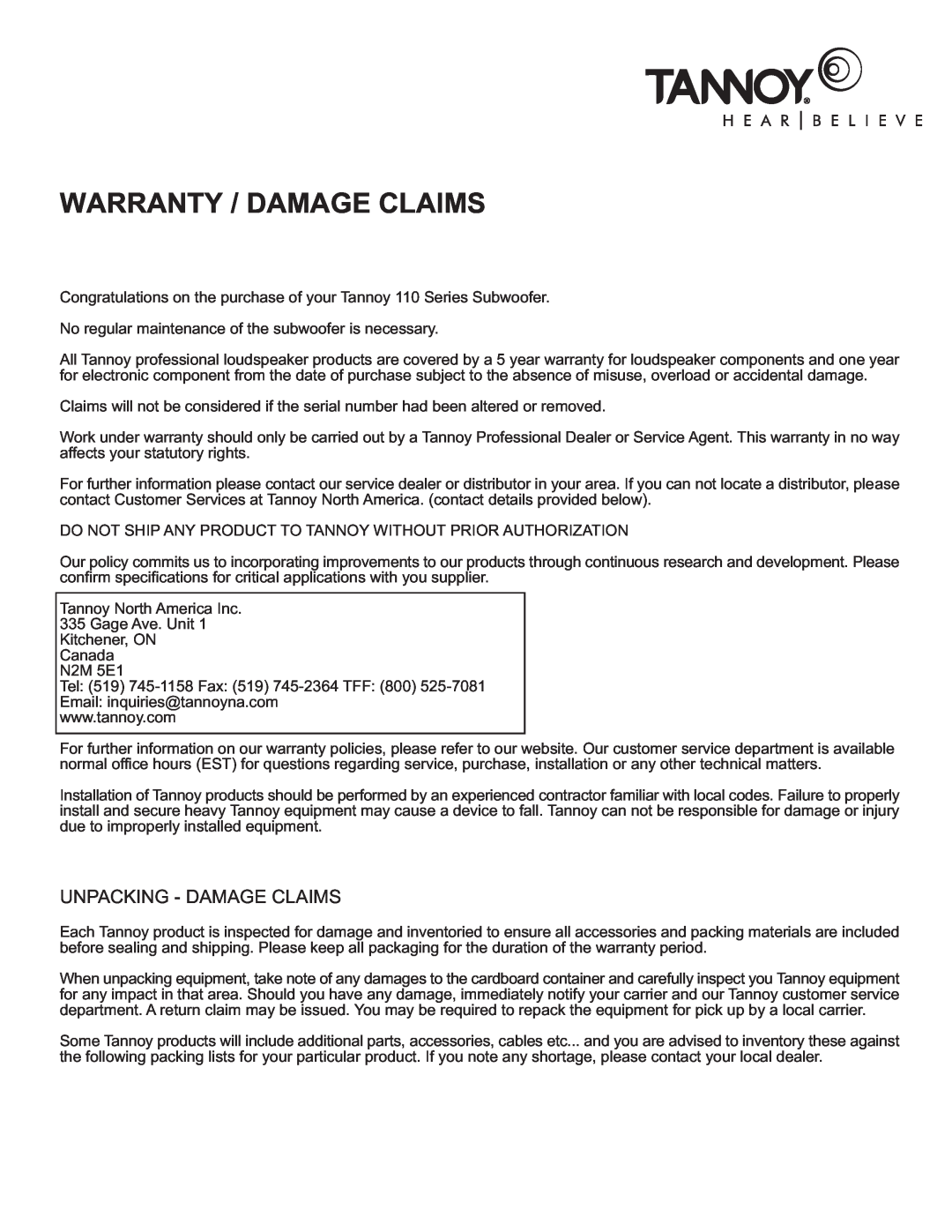 TOA Electronics 110SR owner manual Warranty / Damage Claims, Unpacking - Damage Claims 