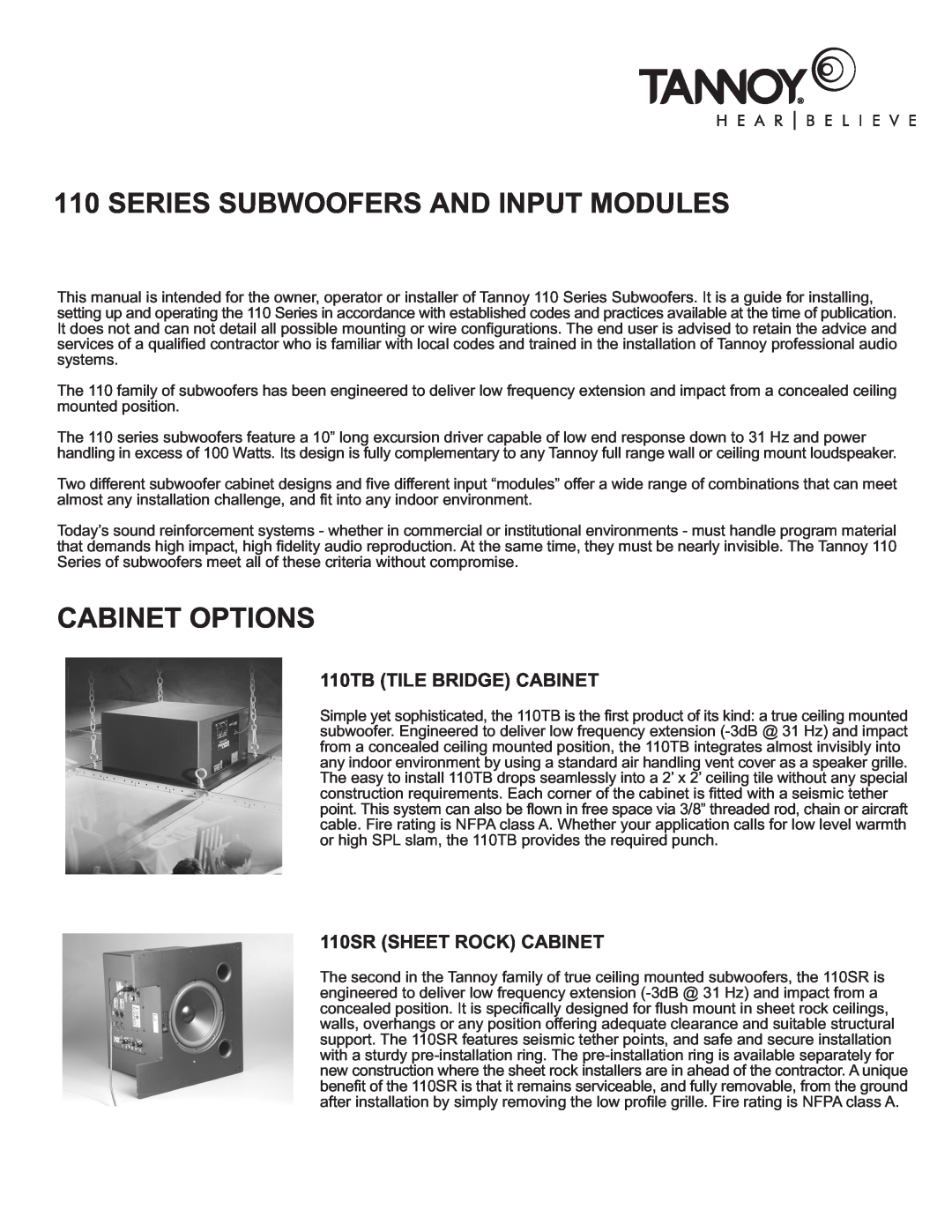 TOA Electronics 110SR owner manual Series Subwoofers And Input Modules, Cabinet Options, 110TB TILE BRIDGE CABINET 