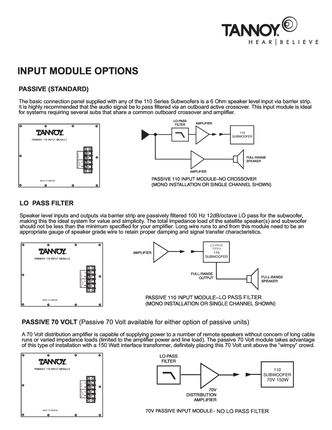 TOA Electronics 110SR owner manual Input Module Options, Passive Standard, Lo Pass Filter 