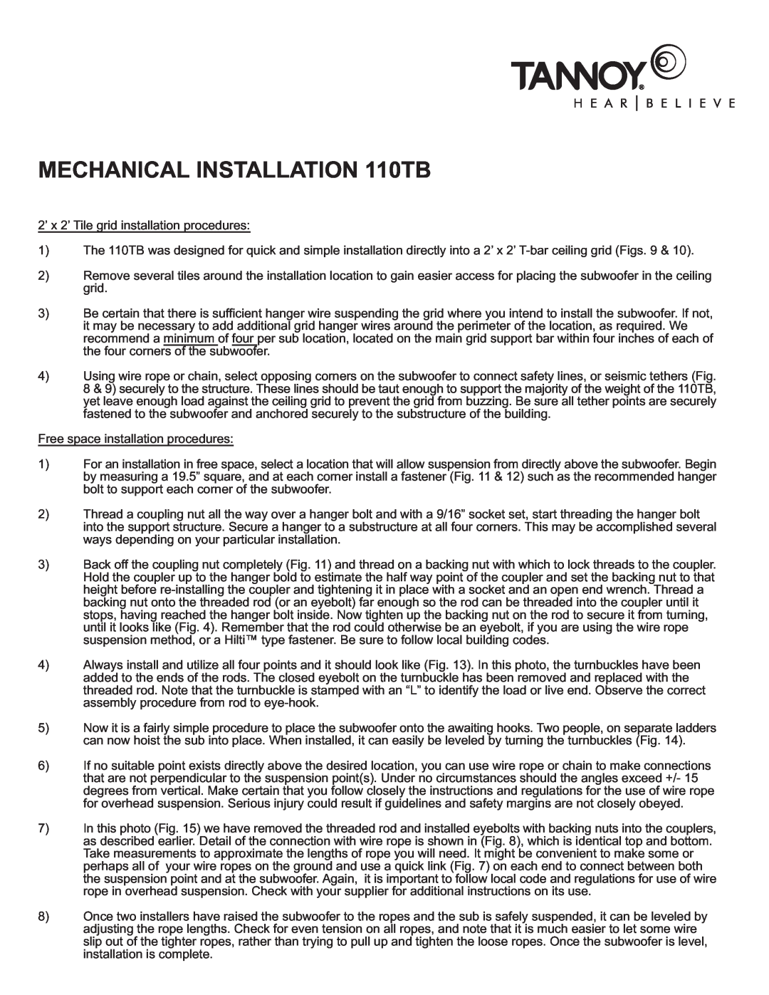 TOA Electronics 110SR owner manual MECHANICAL INSTALLATION 110TB, 2’ x 2’ Tile grid installation procedures 