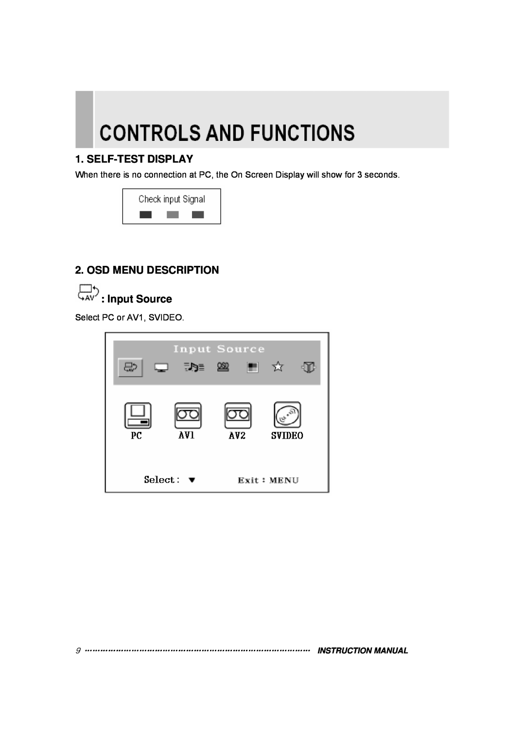 TOA Electronics 15RTV instruction manual Self-Test Display, OSD MENU DESCRIPTION Input Source, Select PC or AV1, SVIDEO 