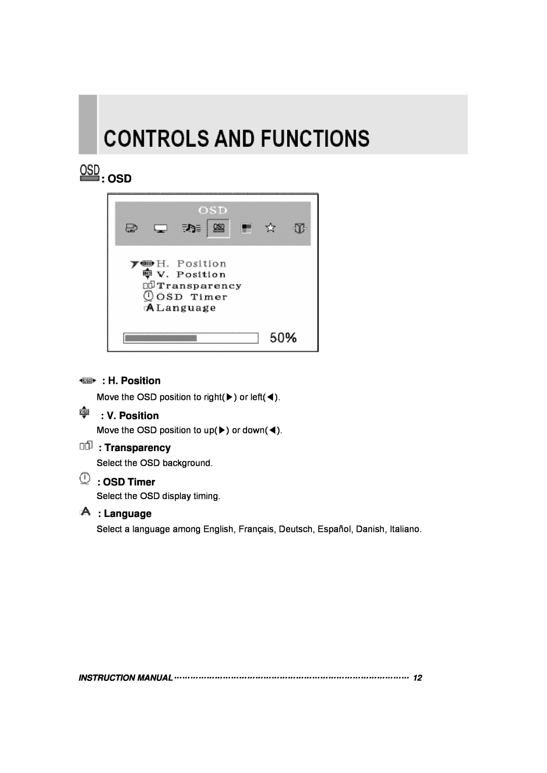 TOA Electronics 15RTV instruction manual H. Position, V. Position, Transparency, OSD Timer, Language 
