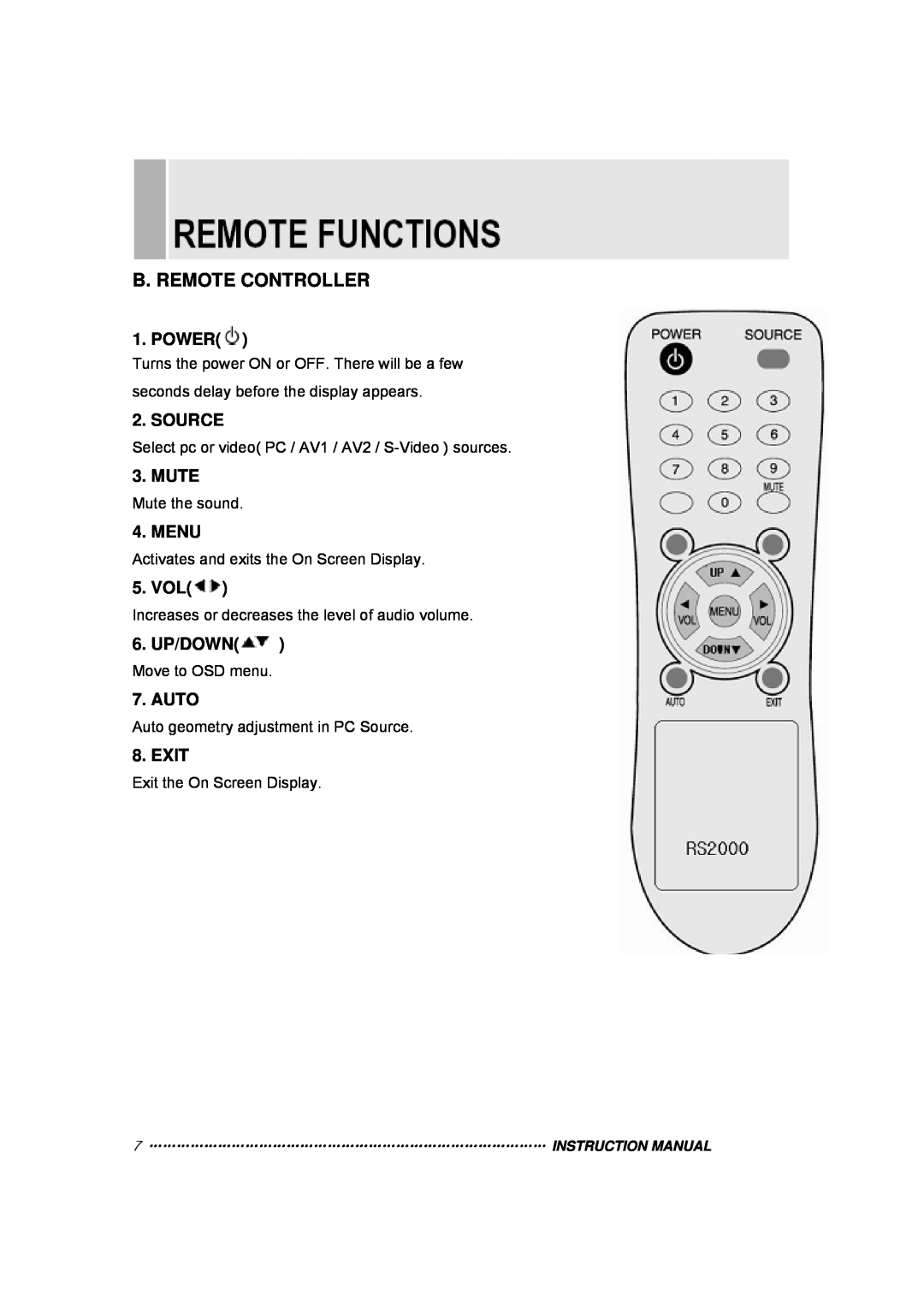 TOA Electronics 15RTV instruction manual B. Remote Controller, Power, Source, Mute, Menu, Vol, 6. UP/DOWN, Auto, Exit 