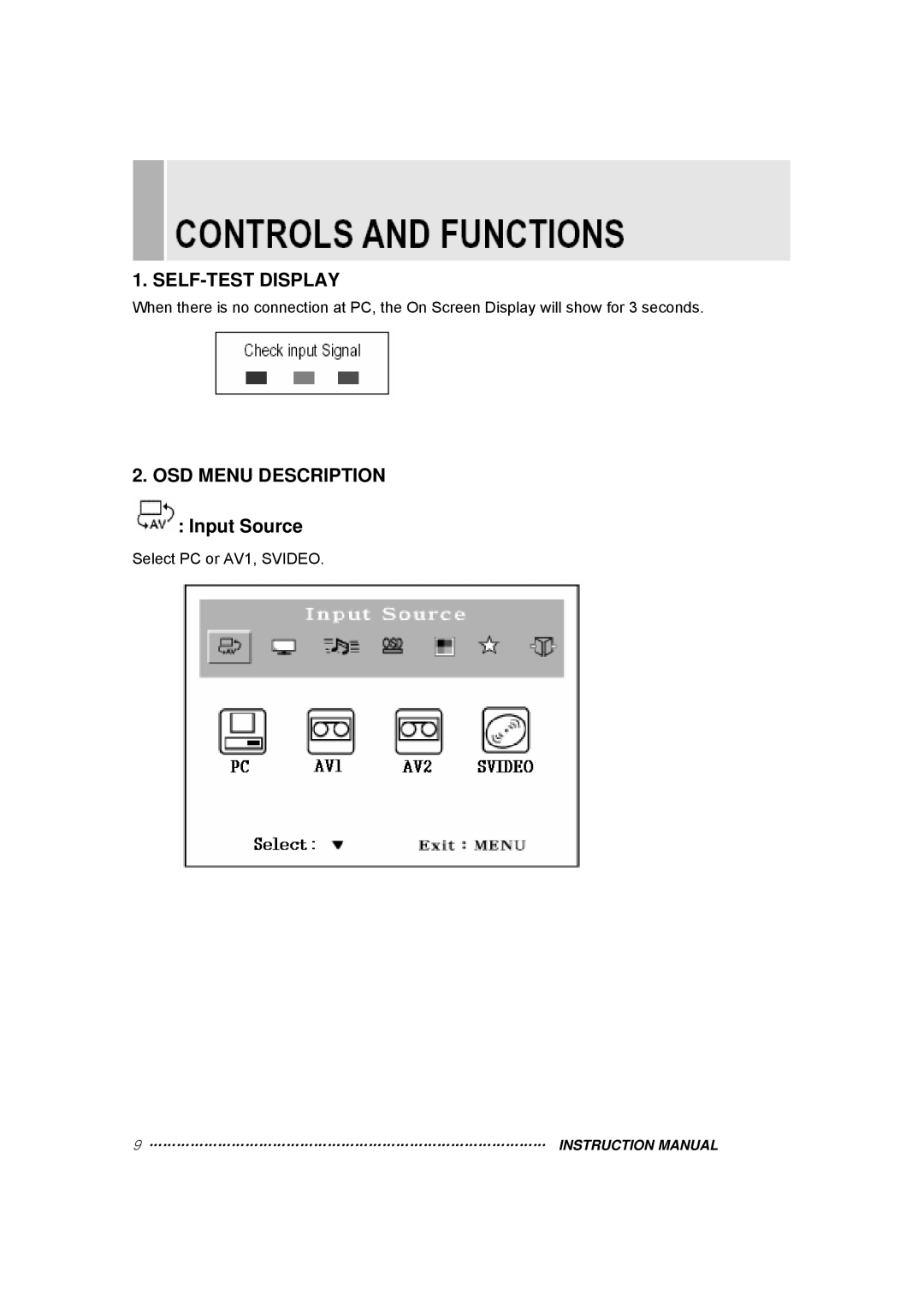 TOA Electronics 15RTV instruction manual SELF-TEST Display, OSD Menu Description Input Source 